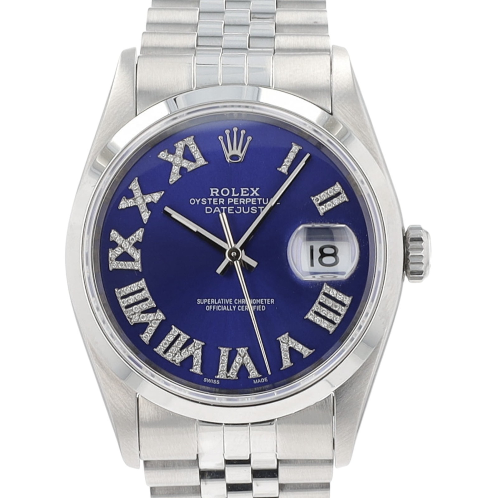 Rolex Datejust 16200 Stainless Steel Blue Roman Diamond Dial Jubilee Auto Watch