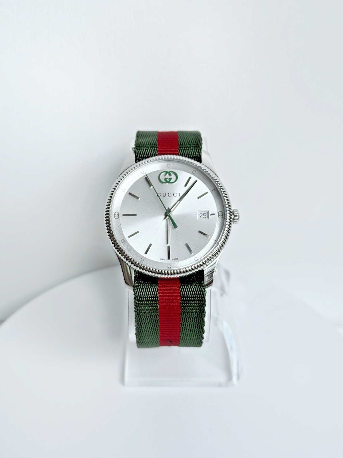 Gucci G-Timeless Silver Dial Green and Red Nylon Strap Watch 38mm YA1264236
