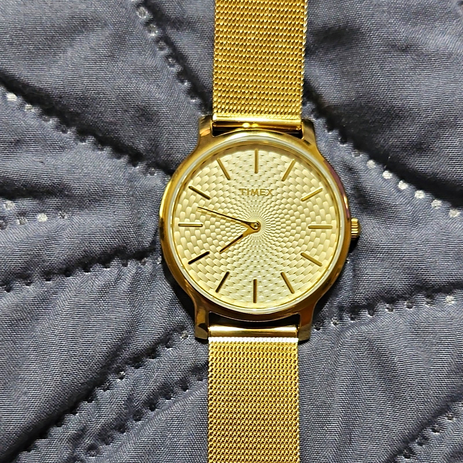 Timex Transcend Quartz 30m Gold Tone SS Mesh Band Stick Markers Textured Dial