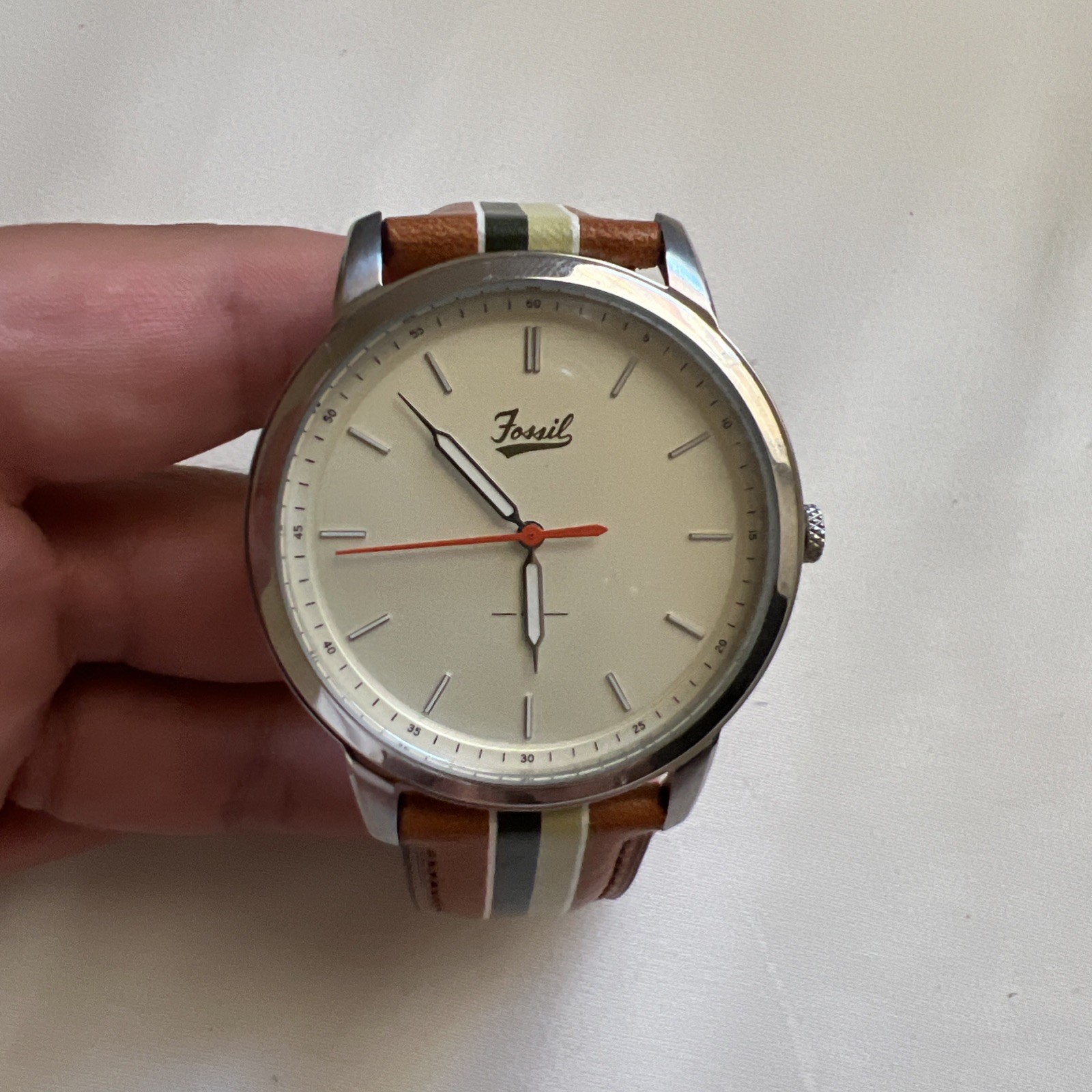 FOSSIL MAN’S FS5559 MINIMALIST THREE-HAND STRIPED TAN LEATHER WATCH