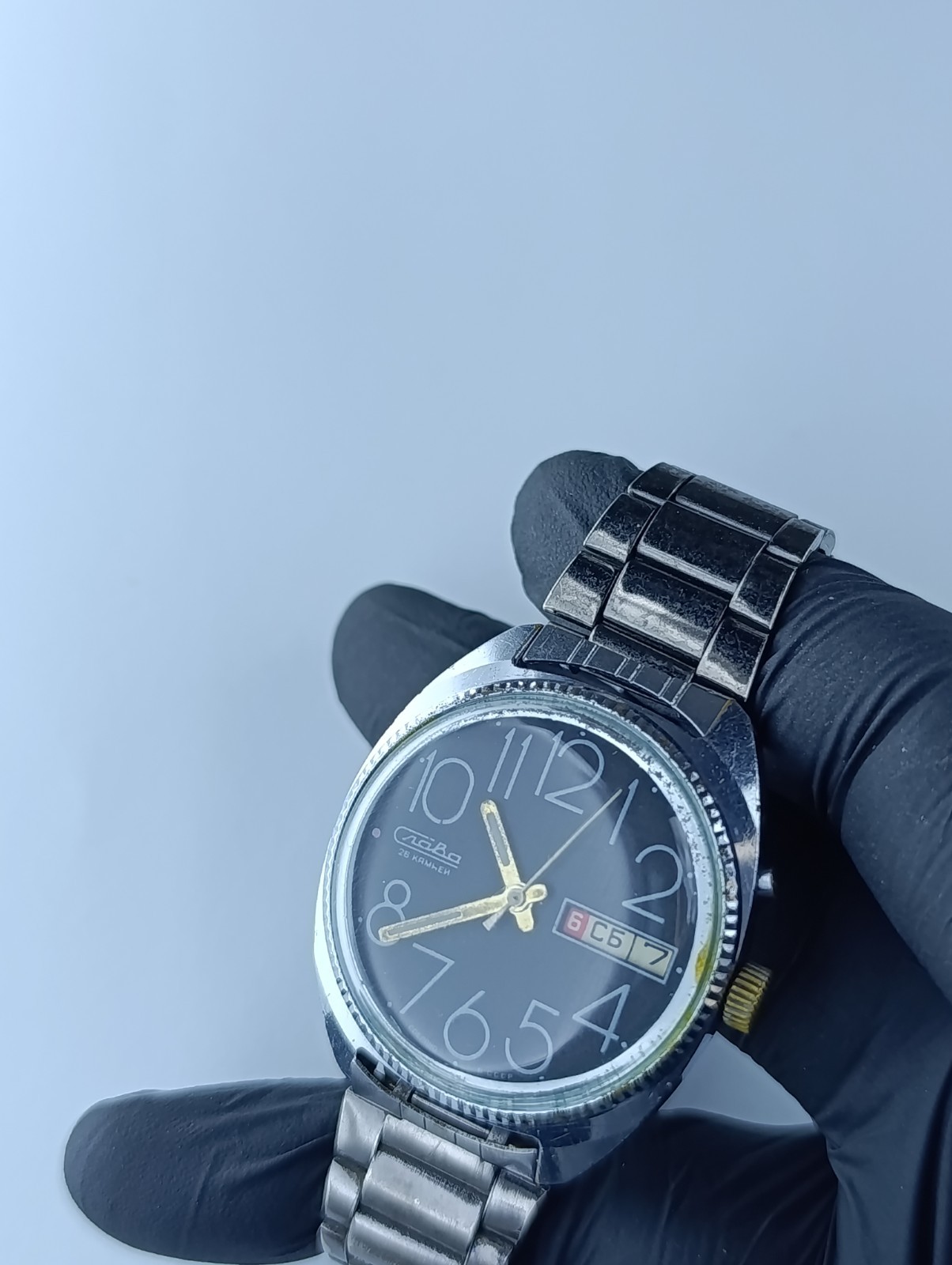 Vintage Slava USSR Watch 26 Jewels 2428 Day-Date Soviet Mechanical Black Dial