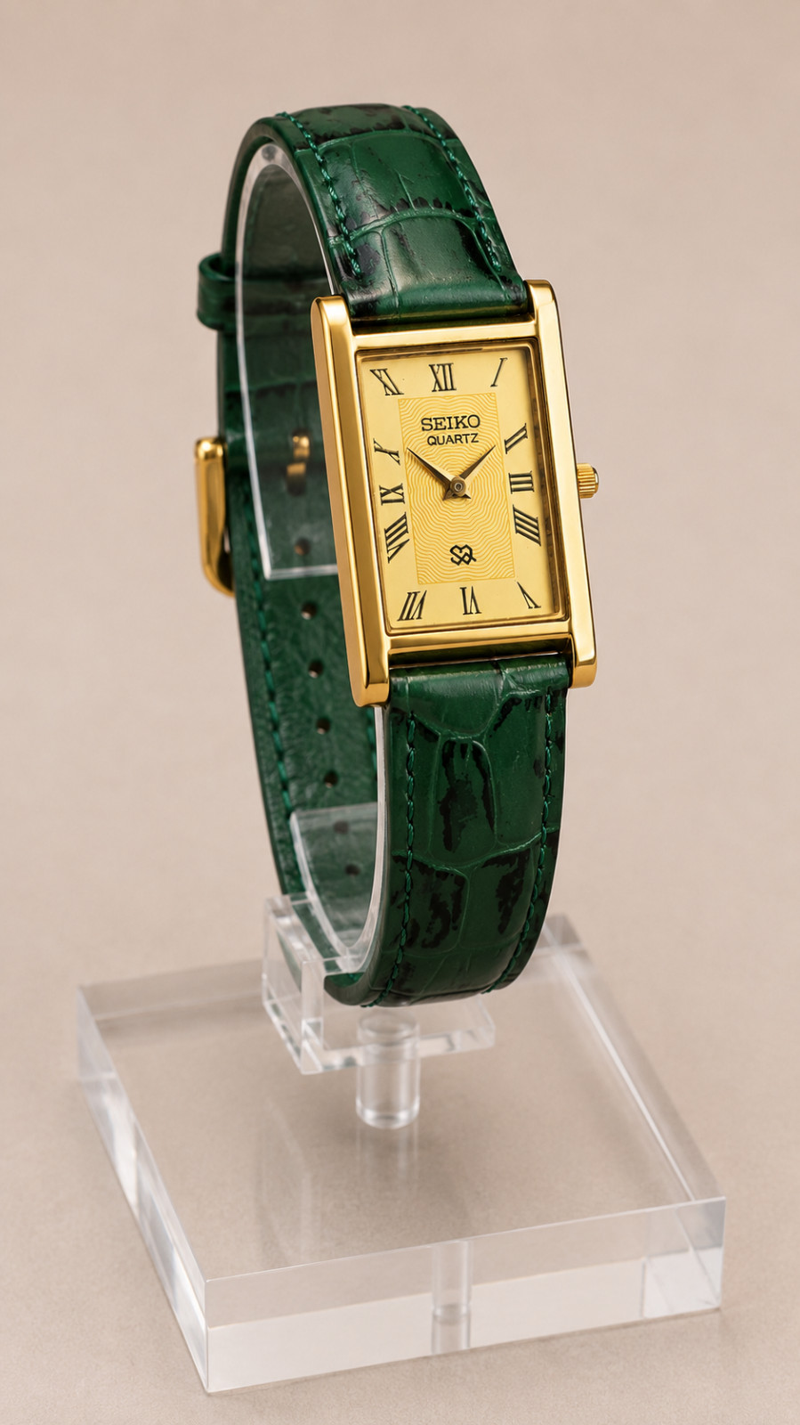 Vintage Refurbished Seiko Quartz Gold Dial Rectangular Dress Watch Gold Tone