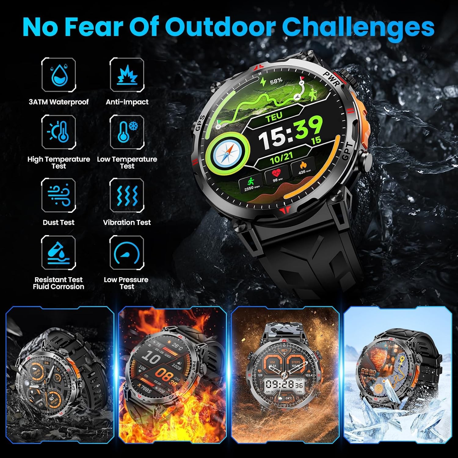 Military Smart Watches for Men with GPS/Compass,GPT Voice Assistant,1.56″ Black