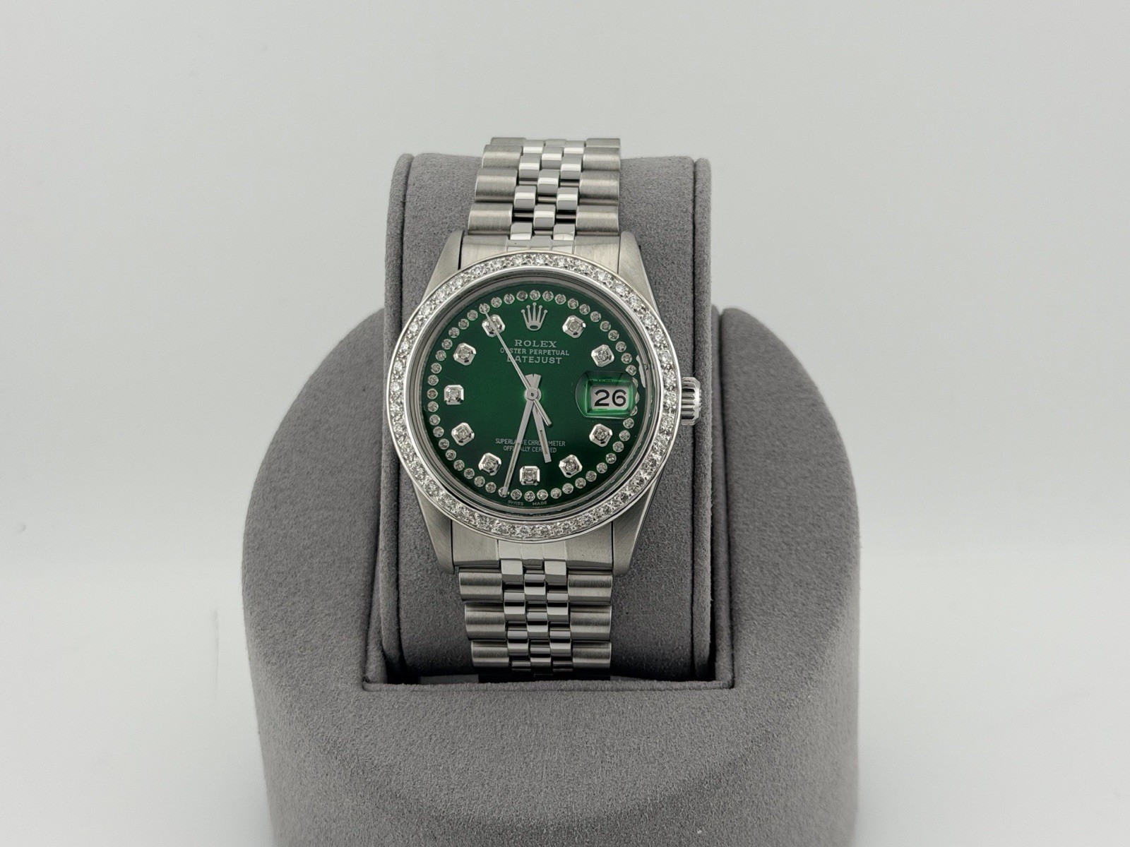 Rolex Datejust 16014 36mm Green Diamond Dial Diamond Bezel Steel Jubilee
