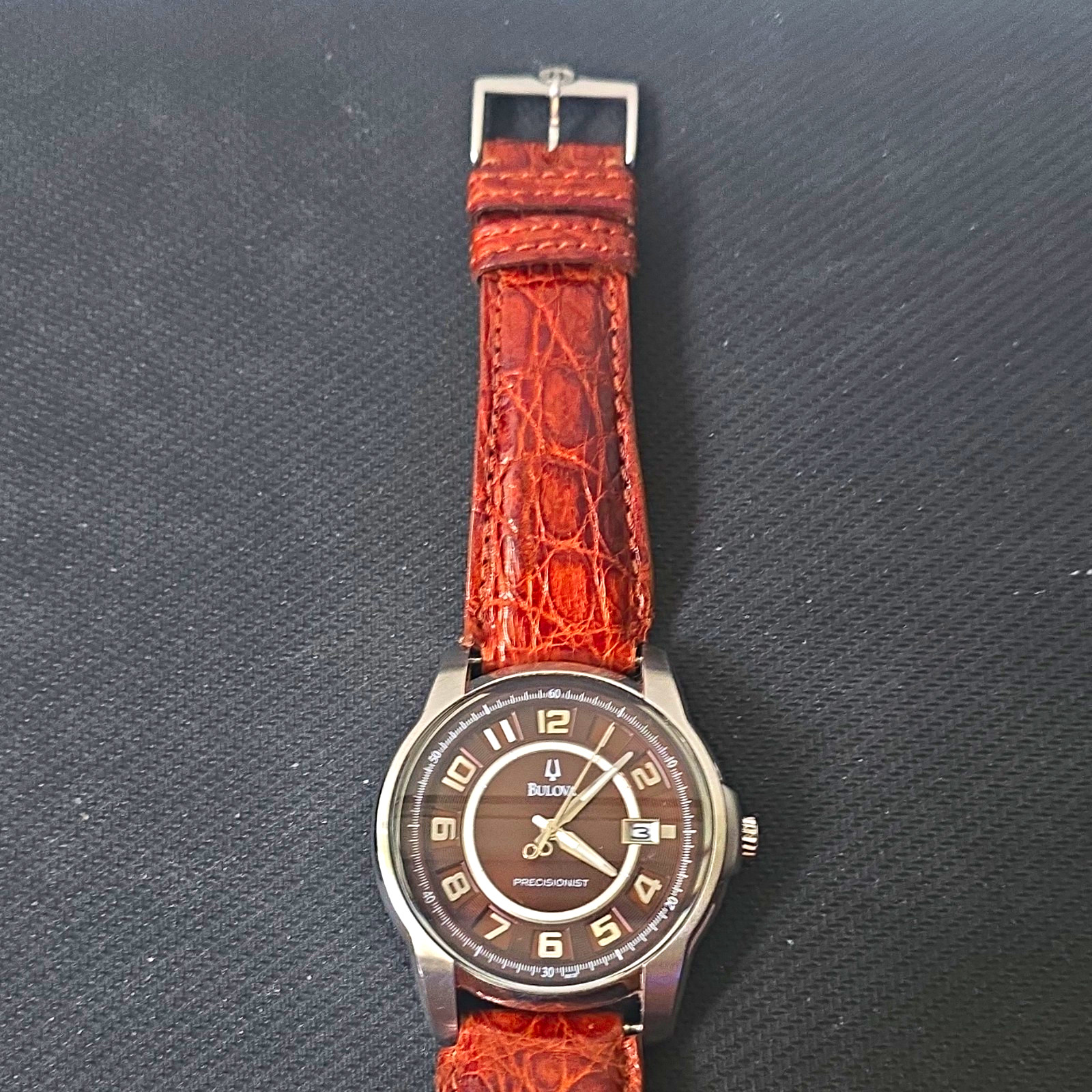 Bulova Precisionist C877648 Date Brown Dial Arabic Silver SS Case Leather Strap