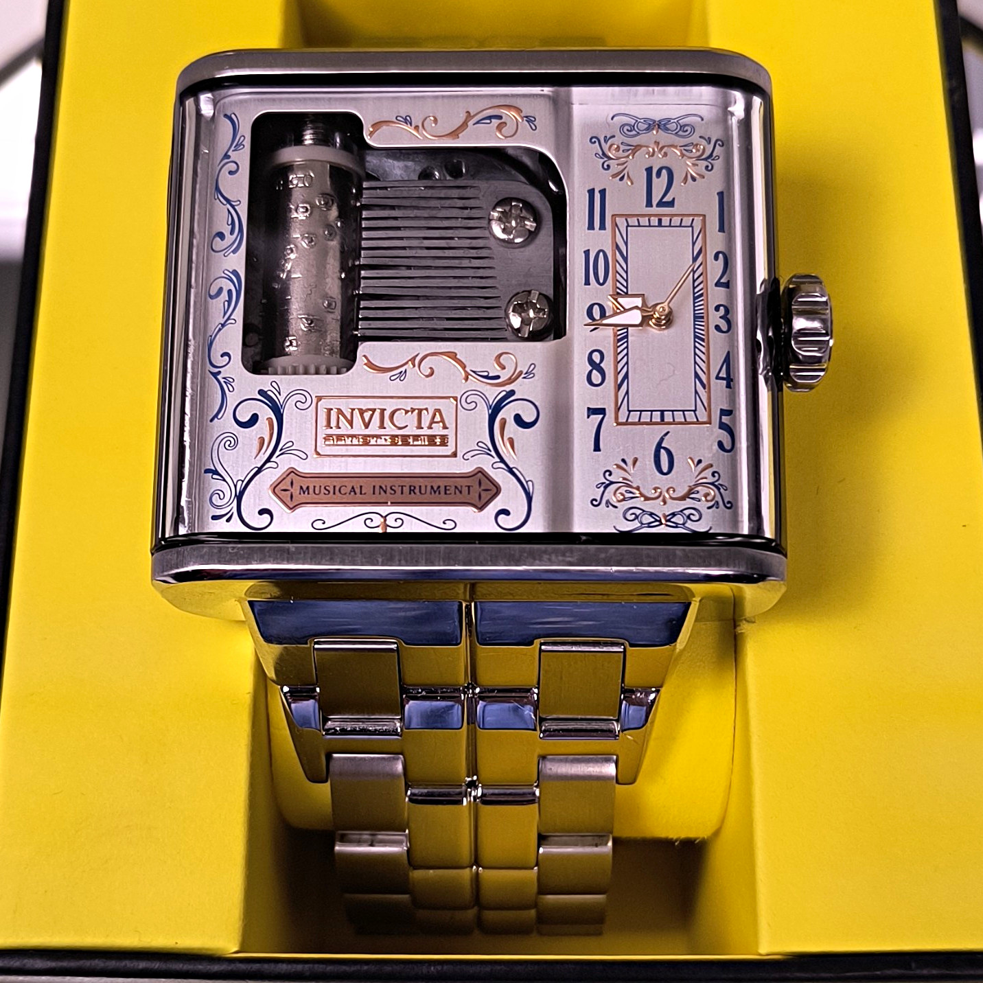 Invicta Musical Instrument Mechanical Music Box Rectangle SS Bracelet Watch Box