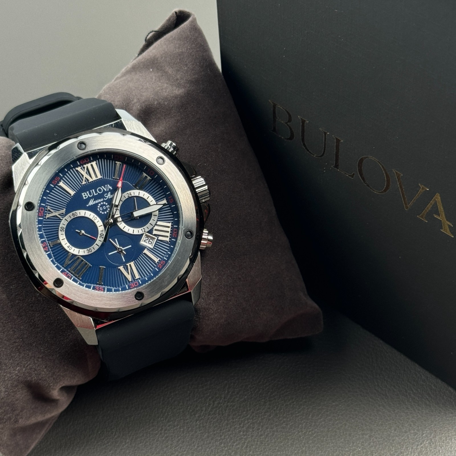 Bulova Marine Star 98B258 Blue Dial Black Rubber Strap Quartz Men’s Watch 44mm