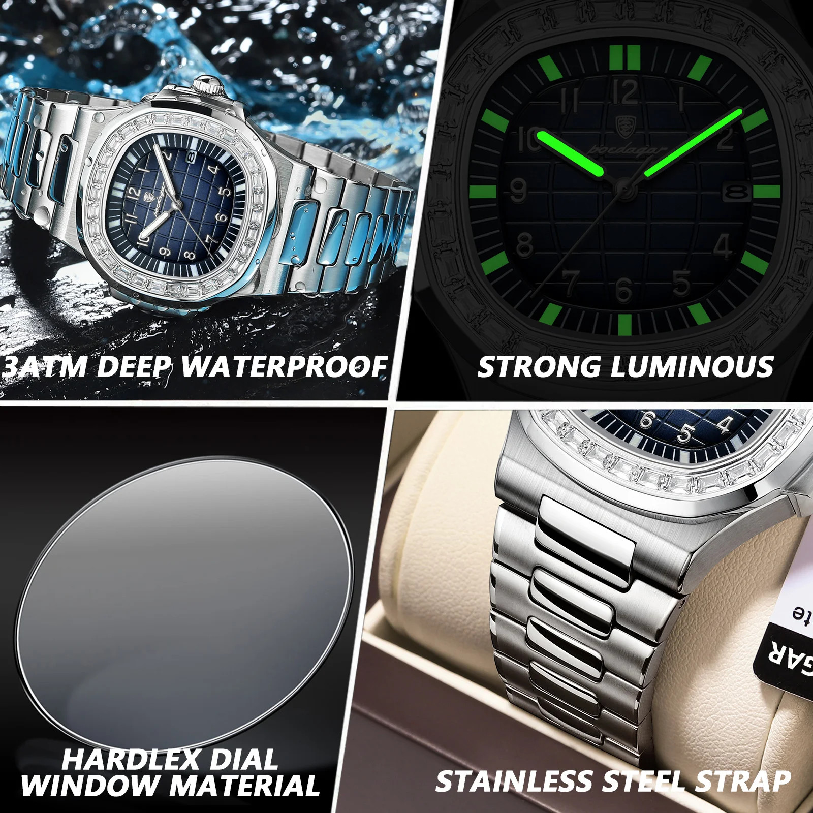 POEDAGAR Men’s Square Quartz Watch Waterproof Luminous Date Stainless Steel