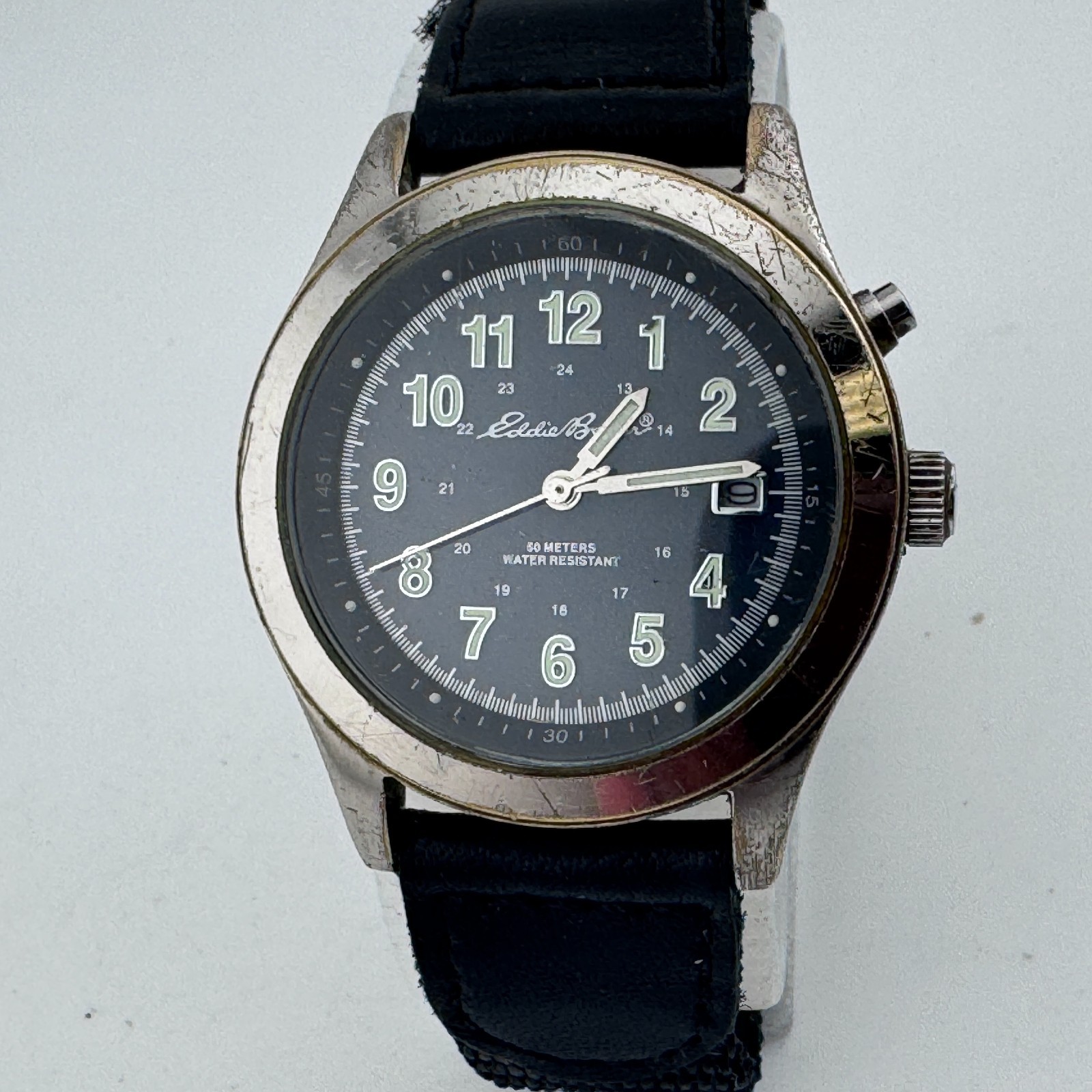 Eddie Bauer Quartz Watch Men 50m Silver Steel Backlight Military Dial New Batter