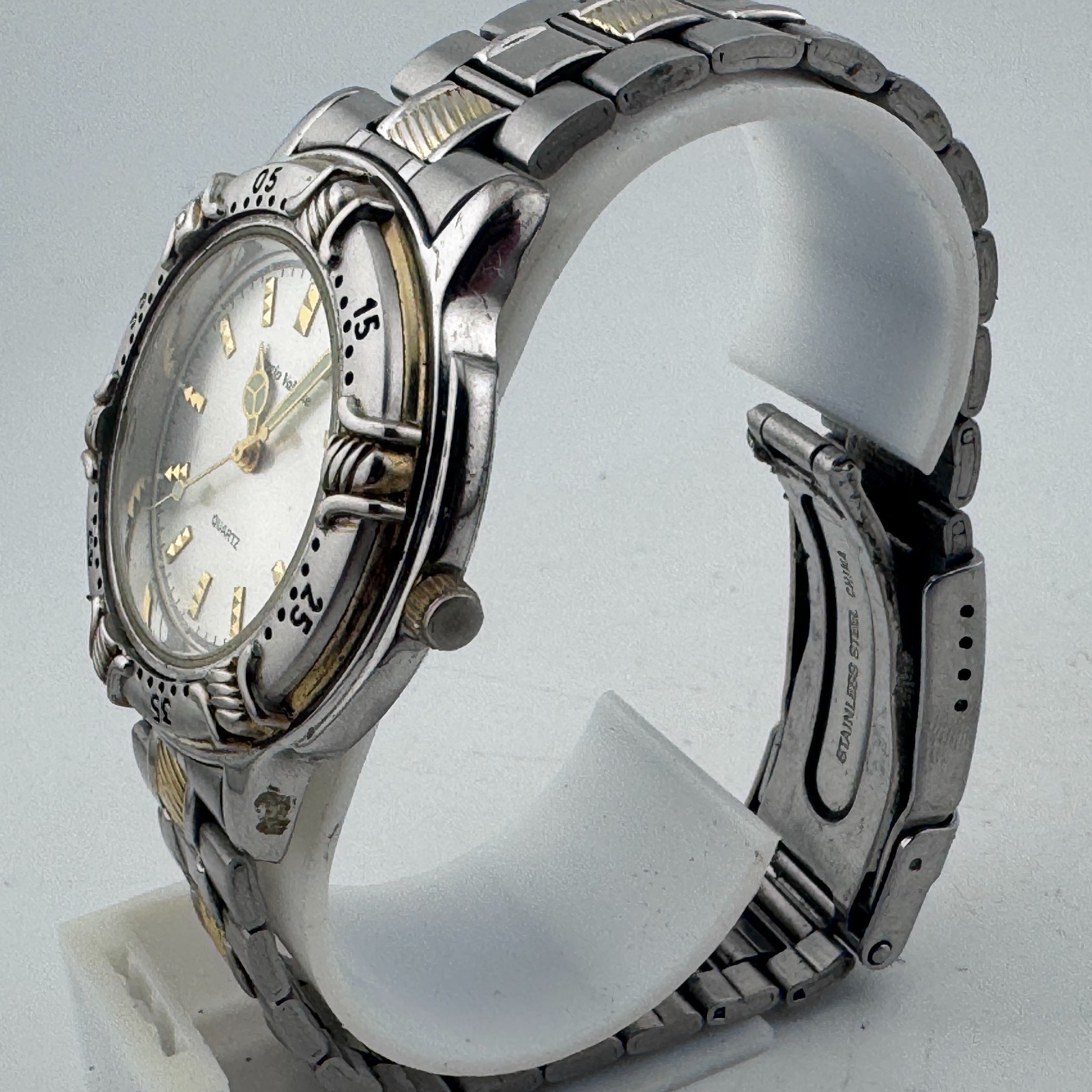 Sergio Valente Quartz Watch Men Dual Tone Date Rotating Bezel New Battery 7.5″
