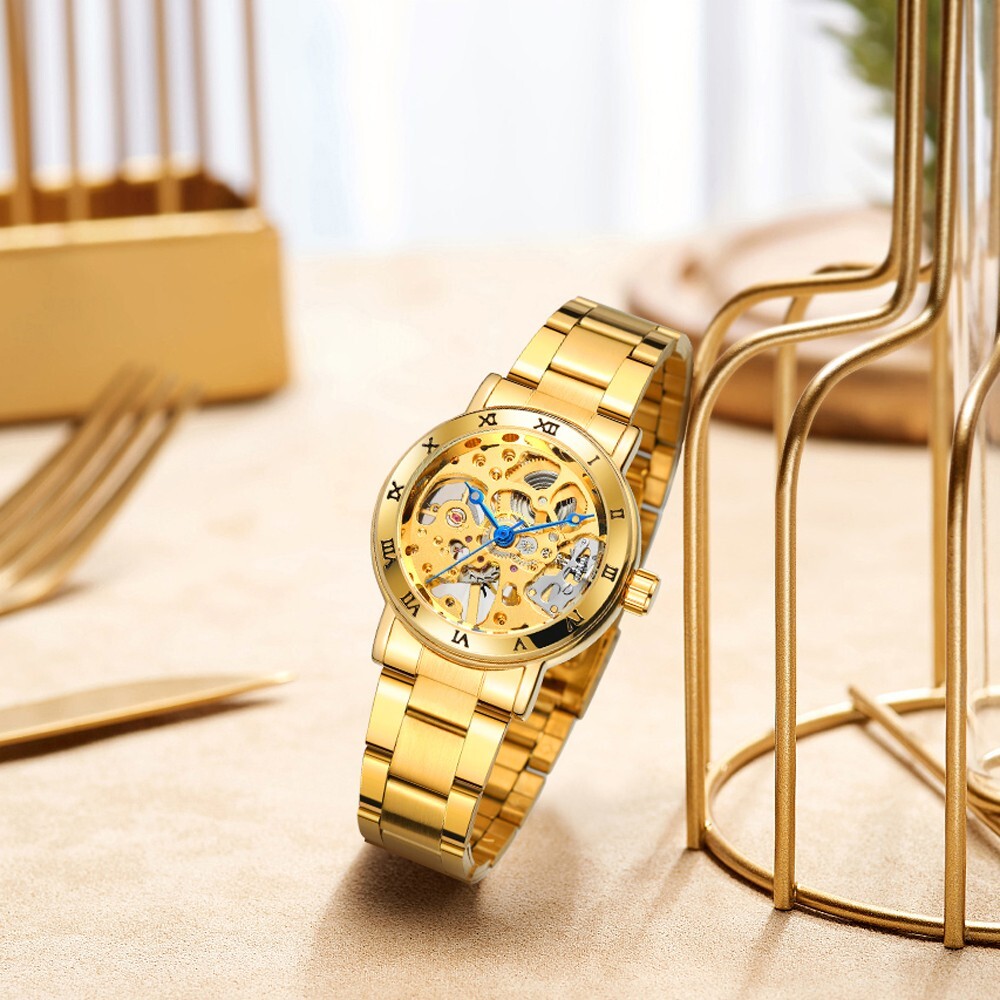 Mechanical Watch Women’s Gear Roman Hollow Out Hand-Wind Gold Wristwatches