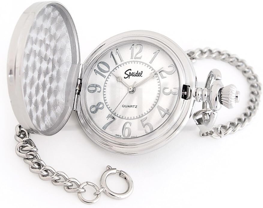 Speidel Classic Brushed Satin Silver-Tone Pocket Watch with 14″ Chain White Dial