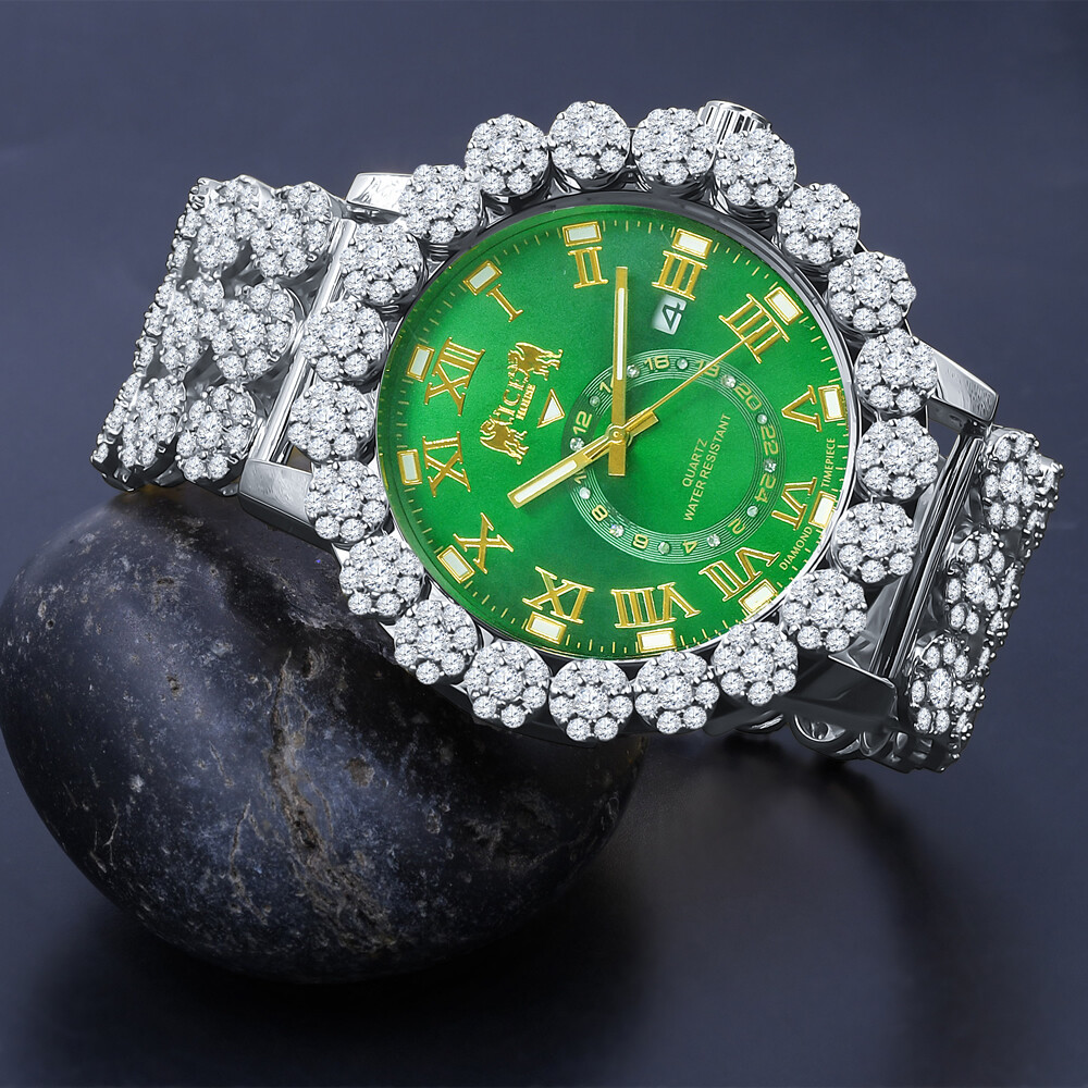 Green Emerald White Gold Tone Finish Real Diamond Flower Custom Band Bezel Watch