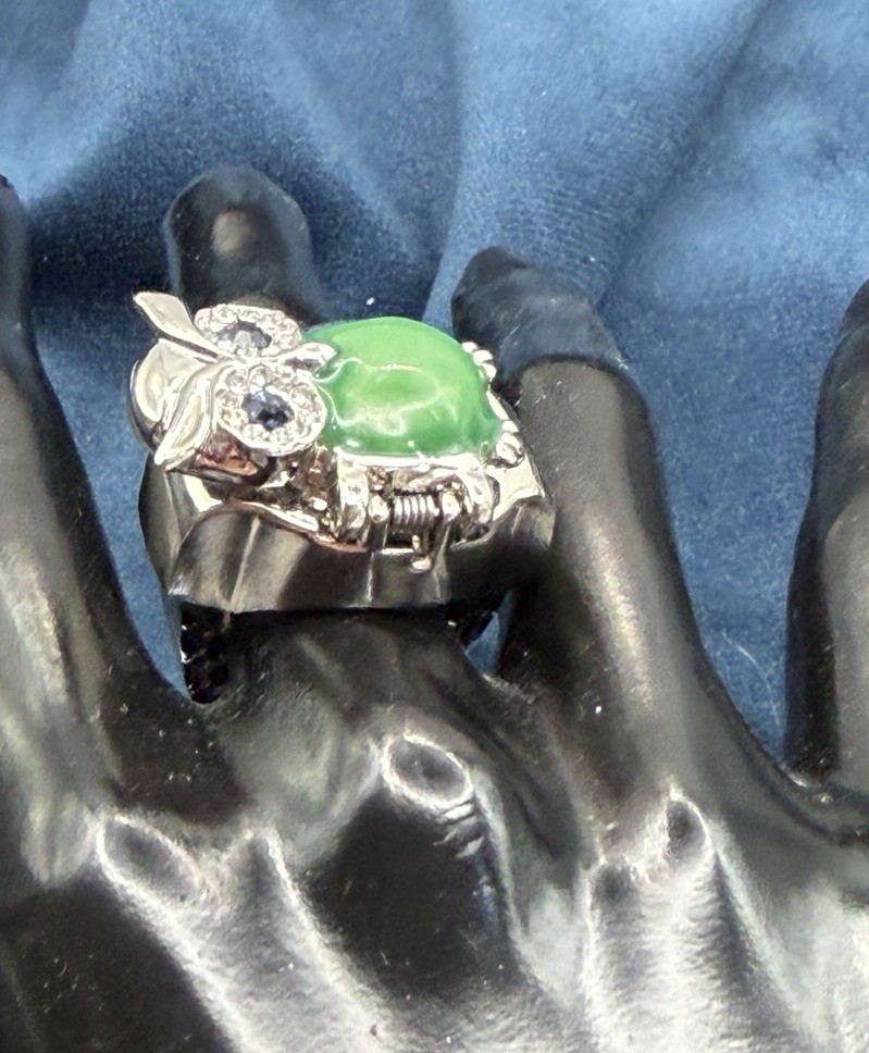 Strada Owl Ring Watch Adjustable Hidden Face Green Stone Rhinestones Silver Tone