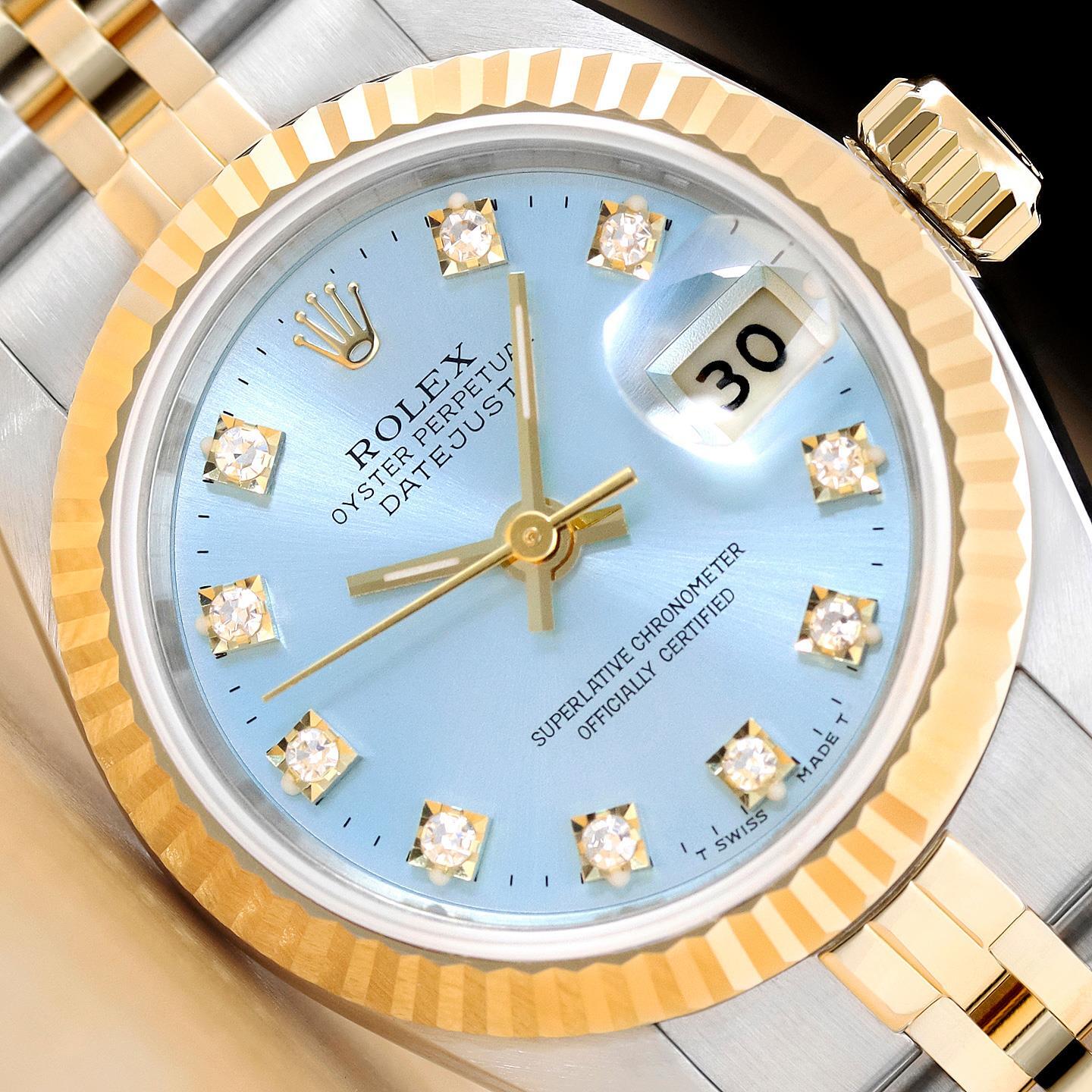 ROLEX LADIES DATEJUST 69173 ICE BLUE FACTORY DIAMOND DIAL 18K GOLD STEEL WATCH