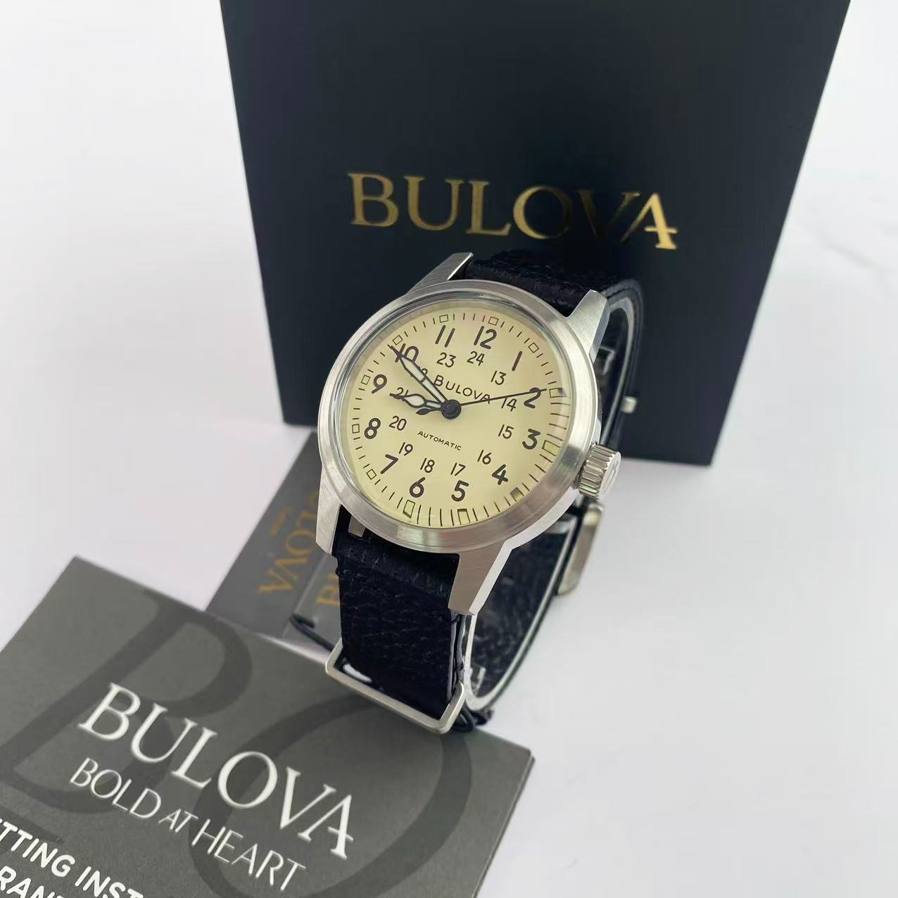 Bulova Hack 96A246 Ivory Dial Black Leather Strap Men’s Automatic Watch 38 mm