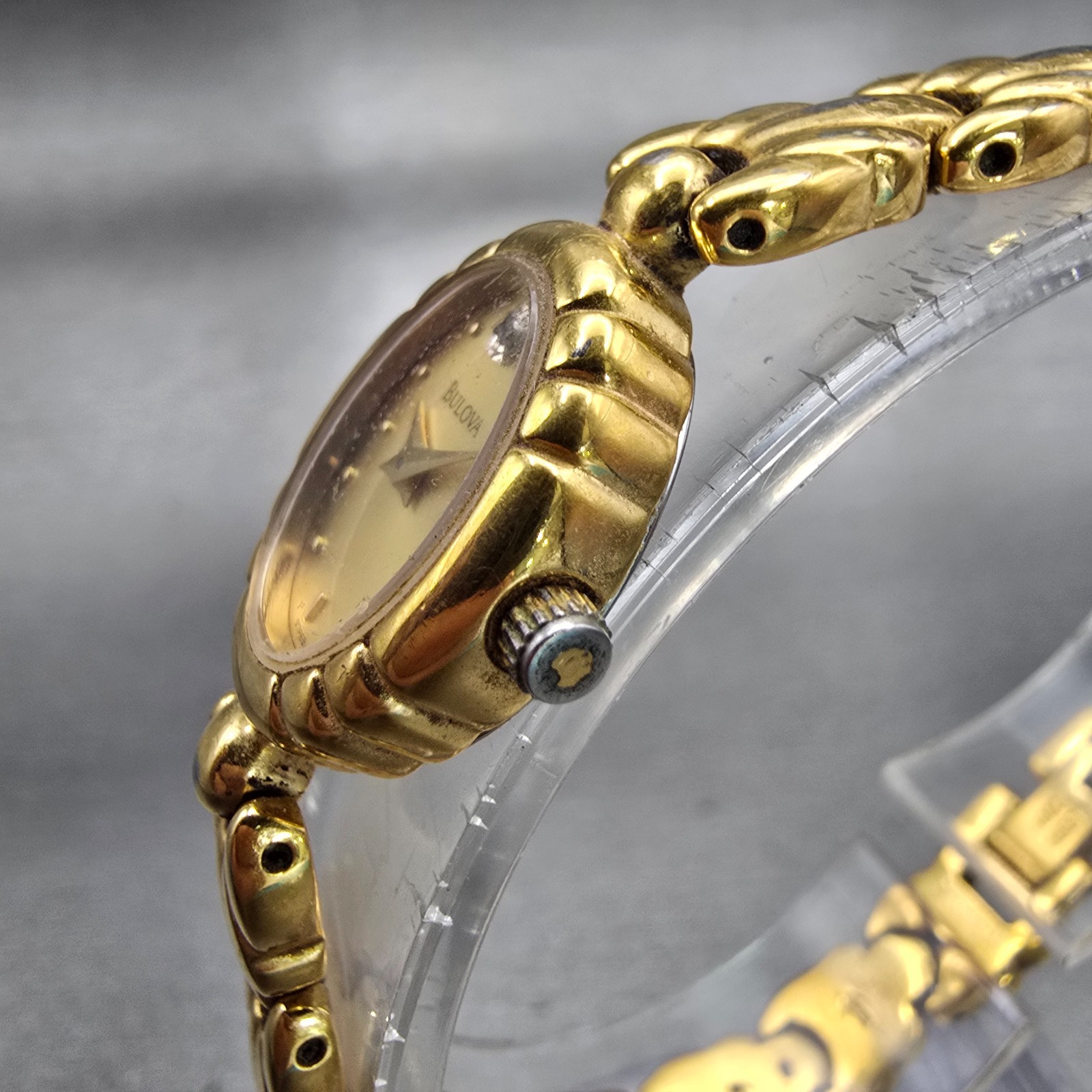 Bulova Watch Women 16mm Gold Dial Gold Tone Oval Diamond Accent New Battery VTG