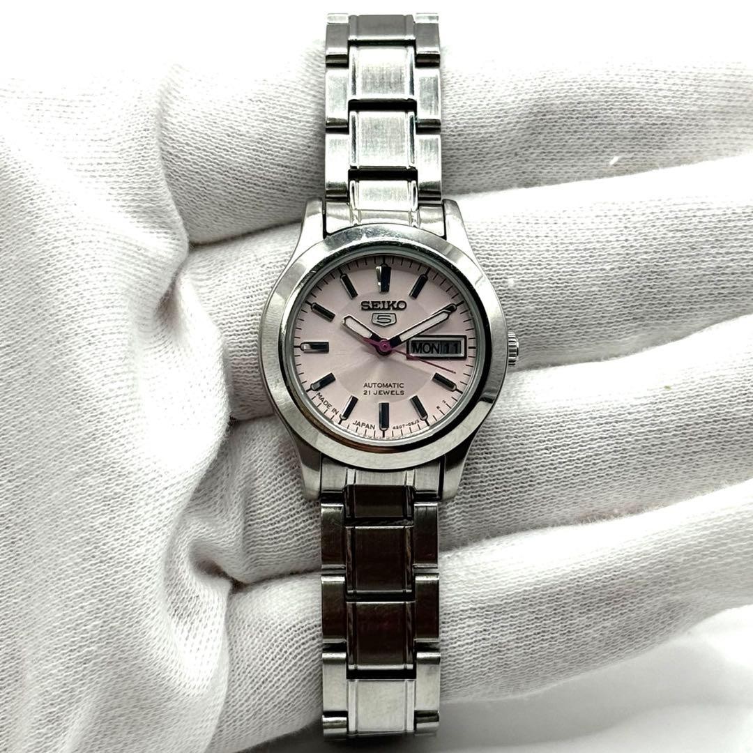 SEIKO 5 automatic ladies wristwatch day date pink working From Japan