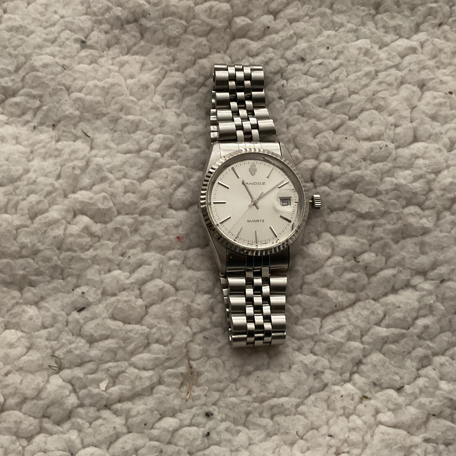 Sandoz Quartz Vintage 1980s Dress Watch SS Bracelet White Dial Date
