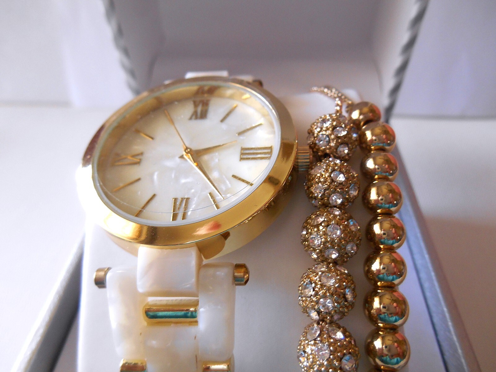 New I.N.C. Goldtone & White Watch and Adjustable Rhinestone Bracelet Set