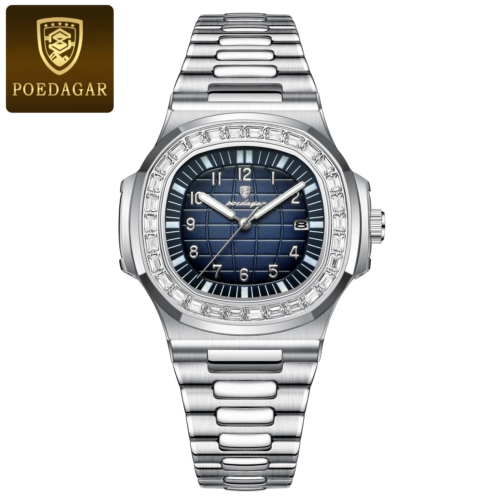 POEDAGAR Men’s Square Quartz Watch Waterproof Luminous Date Stainless Steel