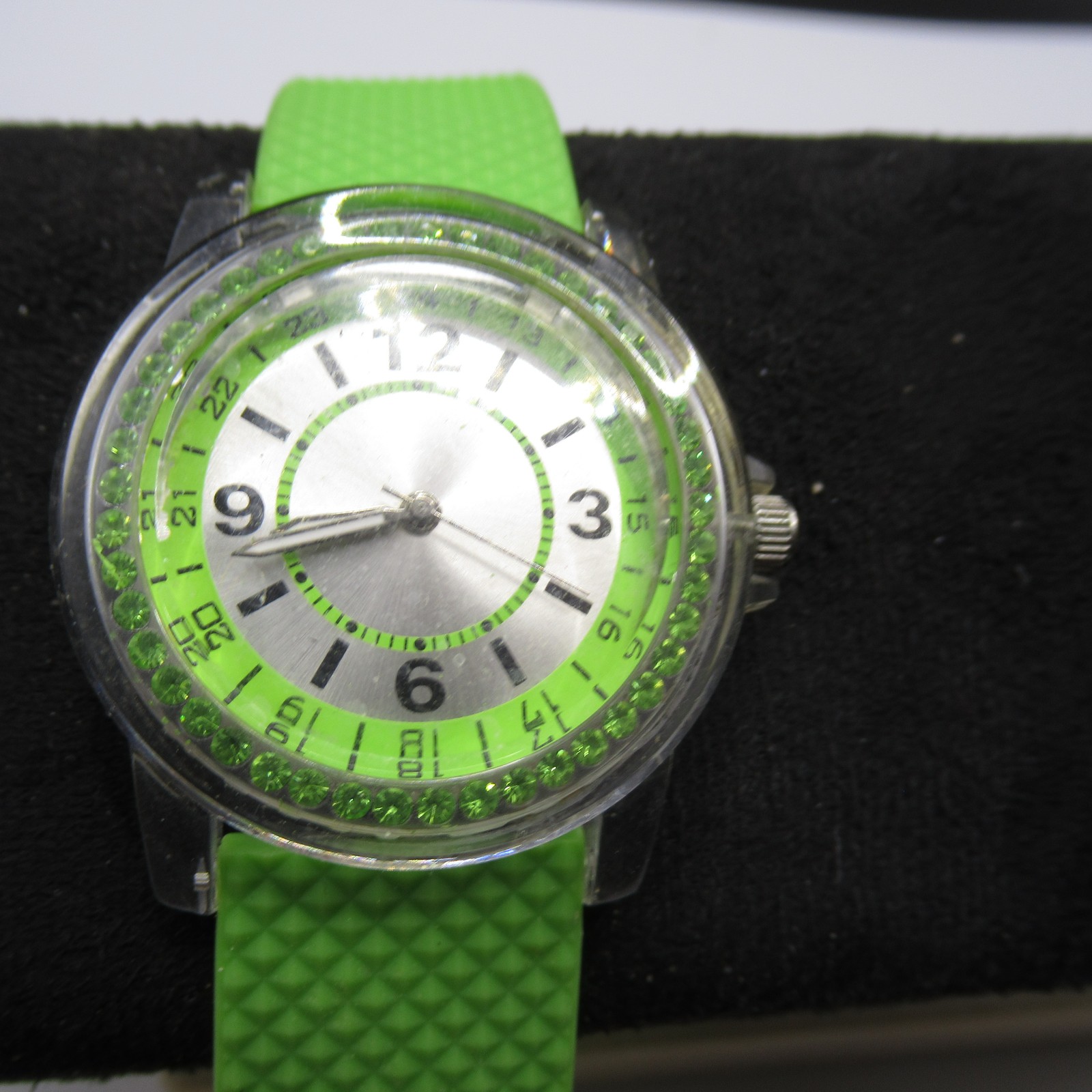 Neon Green Rubber Band Wristwatch Clear Case Silver Dial Japan Movt Fun Watch