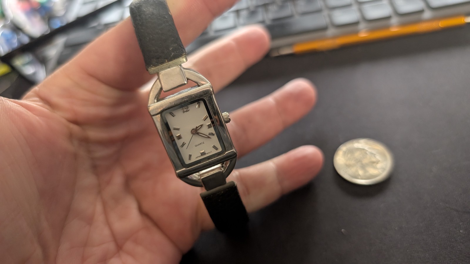 Vintage Rectangular Quartz Watch Guilloche Dial Japan Movt Rigid Cuff