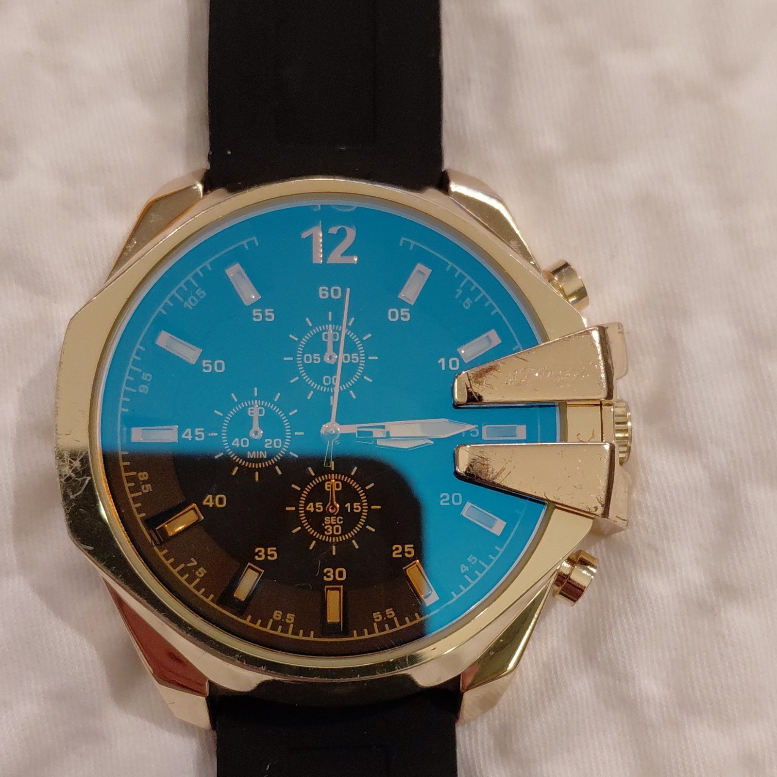 Ed Hardy Chronograph Unisex Quartz Watch Blue/Black Dial Gold Case Black Strap