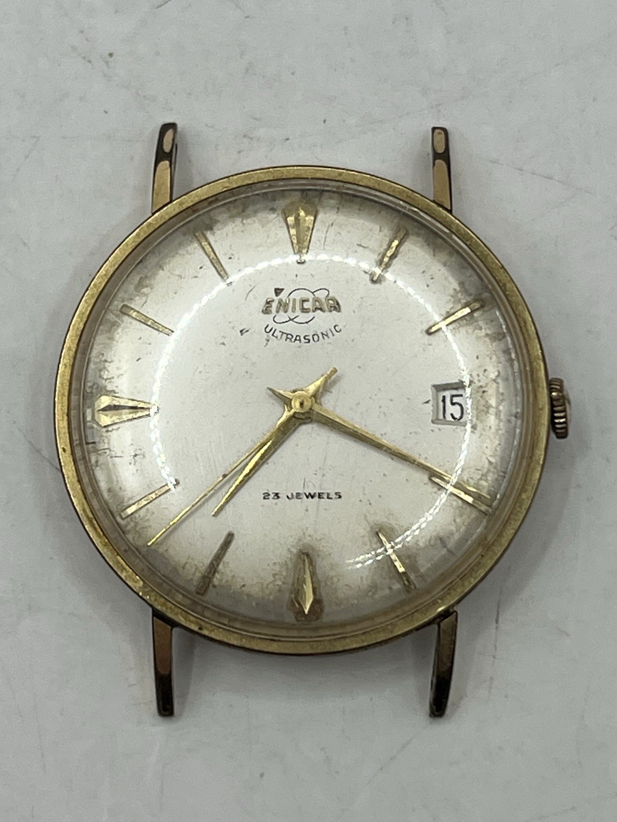 VINTAGE ENICAR ULTRASONIC SILVER DIAL 23j 100/149 CPS AUTOMATIC WATCH ~ AS IS ~