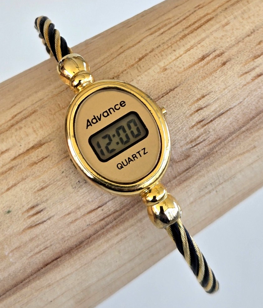 Vintage Advance LCD Digital Gold Tone Quartz Ladies Bangle Watch New Battery