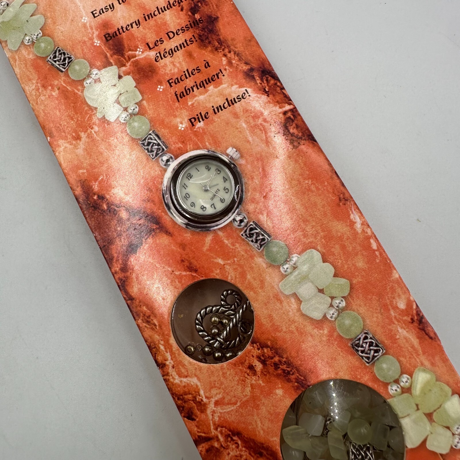 Watch Kit Women Silver Tone Green Jade Beaded Band Semi Precious New Battery