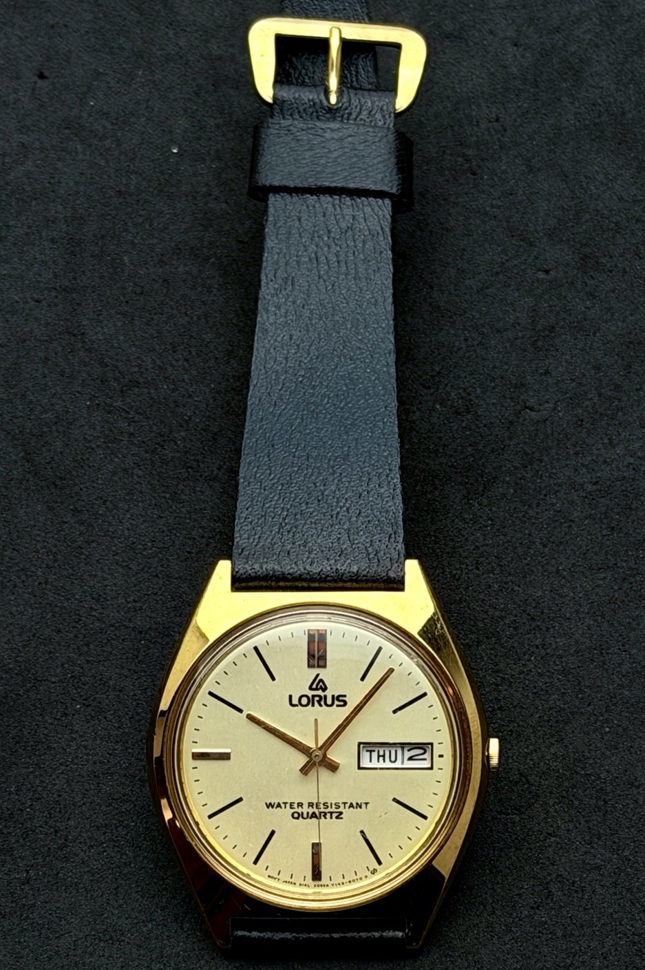 Vtg New 1999 LORUS Seiko Day Date Mens 40mm Quartz Watch Gold Cream Dial Leather