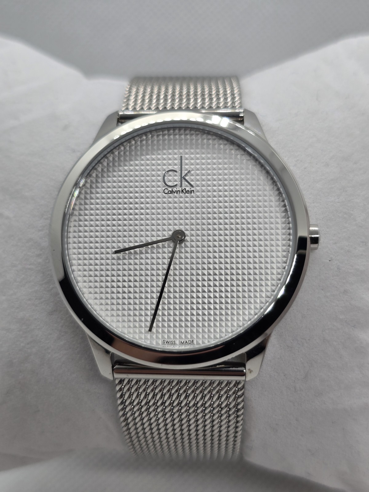 Calvin Klein 40mm Men’s Watch White Textured Dial Silver Tone Mesh Band K3M211
