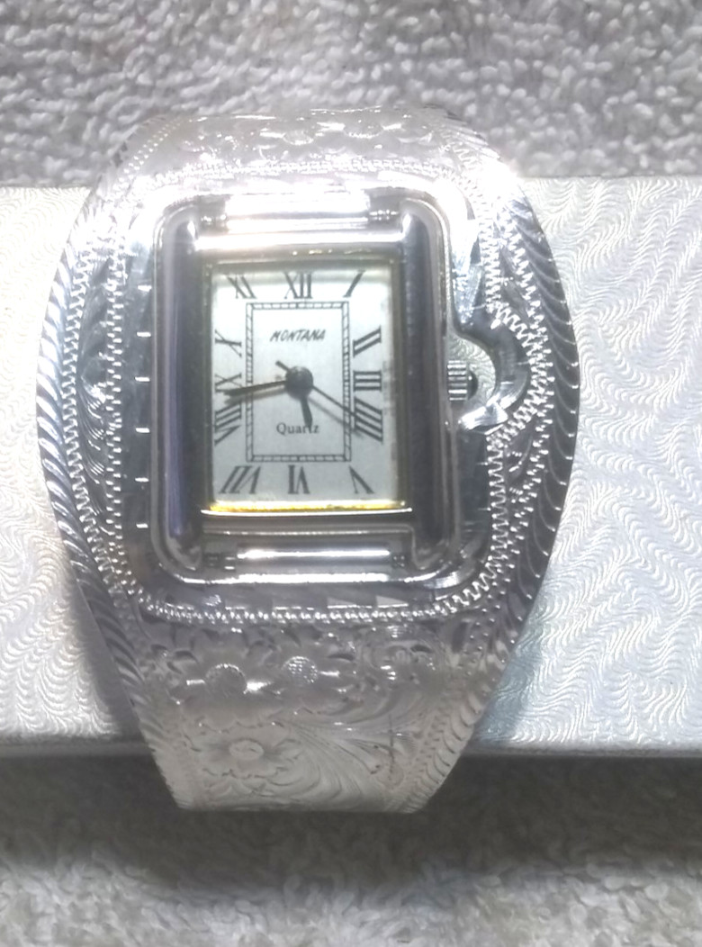 Montana Silversmiths Cuff Watch Silver Flower Filigree Gold Trim New Bat Minty !