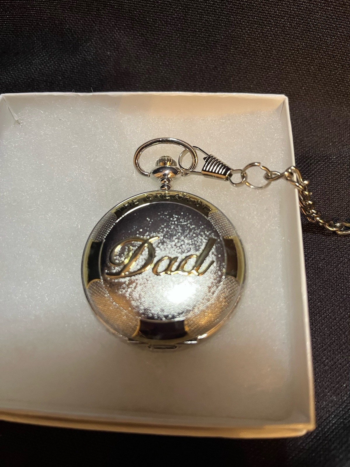 Elegant Silvertone Pocket Watch -Front Emblem says “DAD” GREAT FATHER’S DAY GIFT