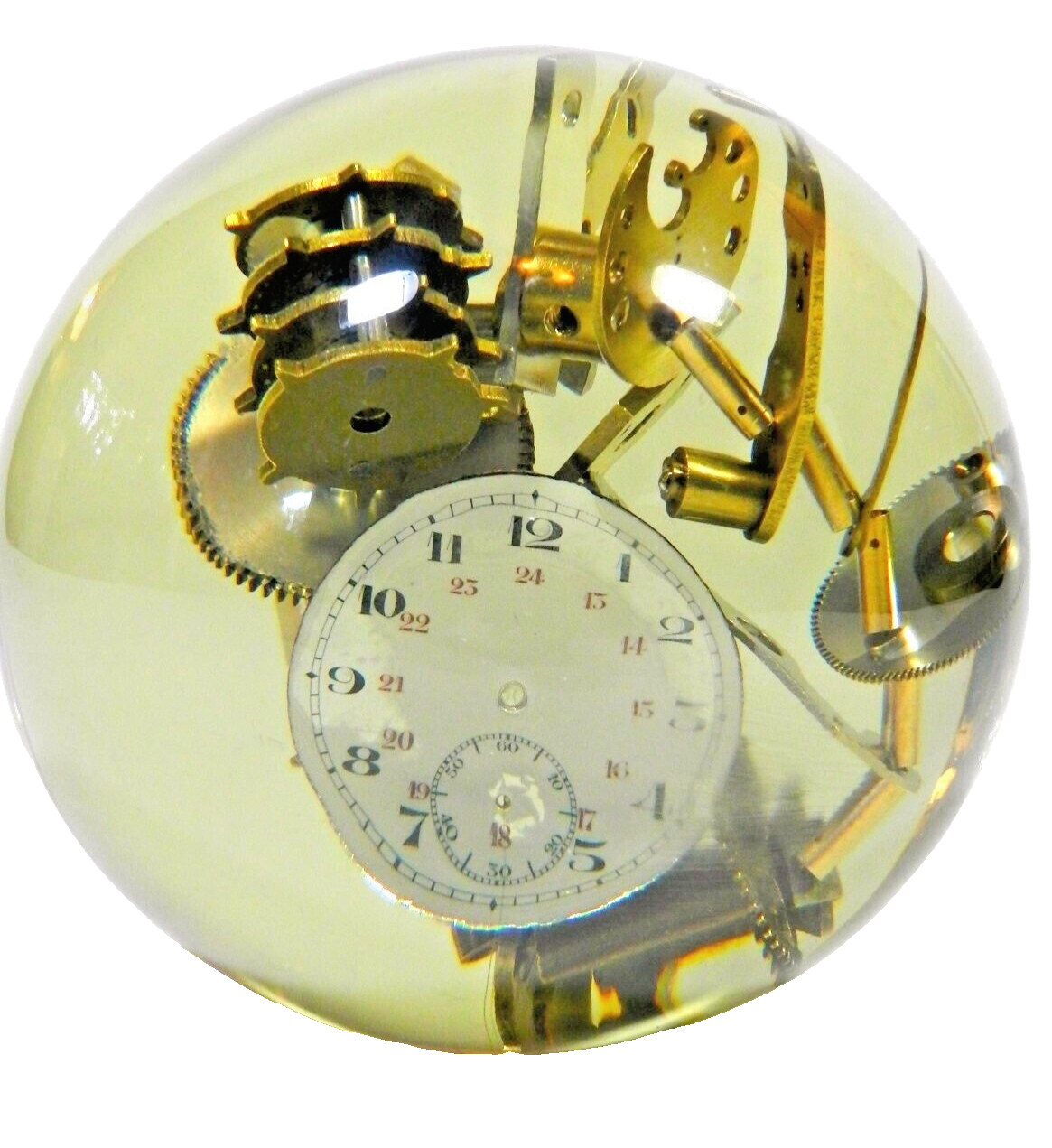 Vintage Lucite Embedded Brass Watch Parts Ball Sculpture Resin Acrylic Sphere