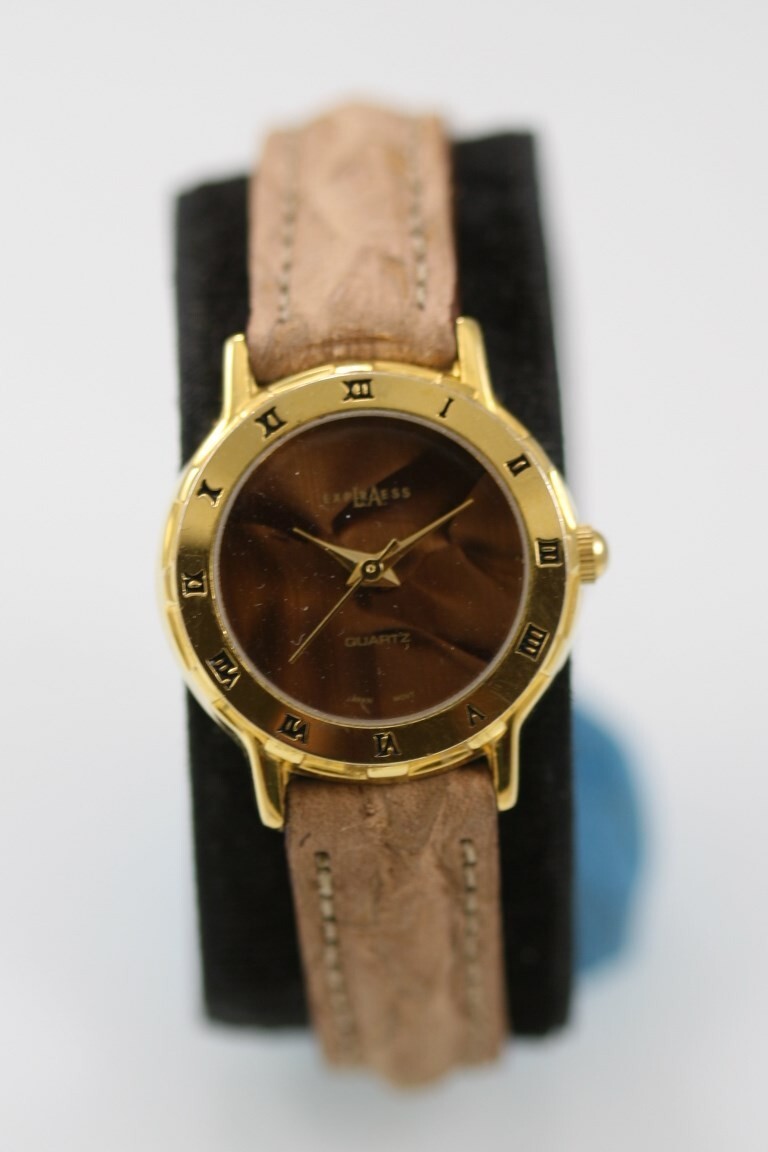 LA Express Women Watch Gold Stainless Steel Tan Leather WR Battery Brown Quartz