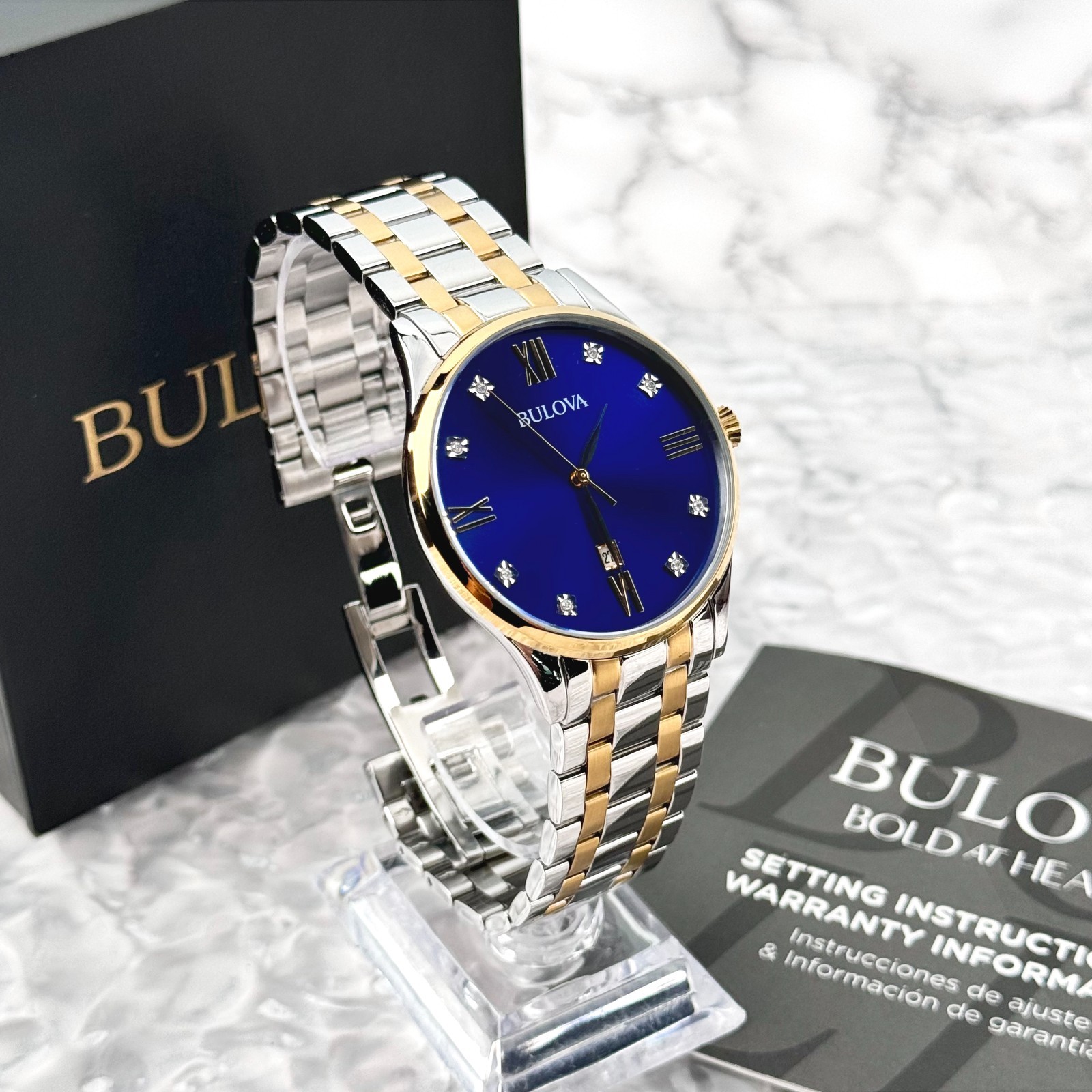 Bulova Men’s Classic Diamond Blue Dial Two-Tone Stainless Steel Watch 98D130