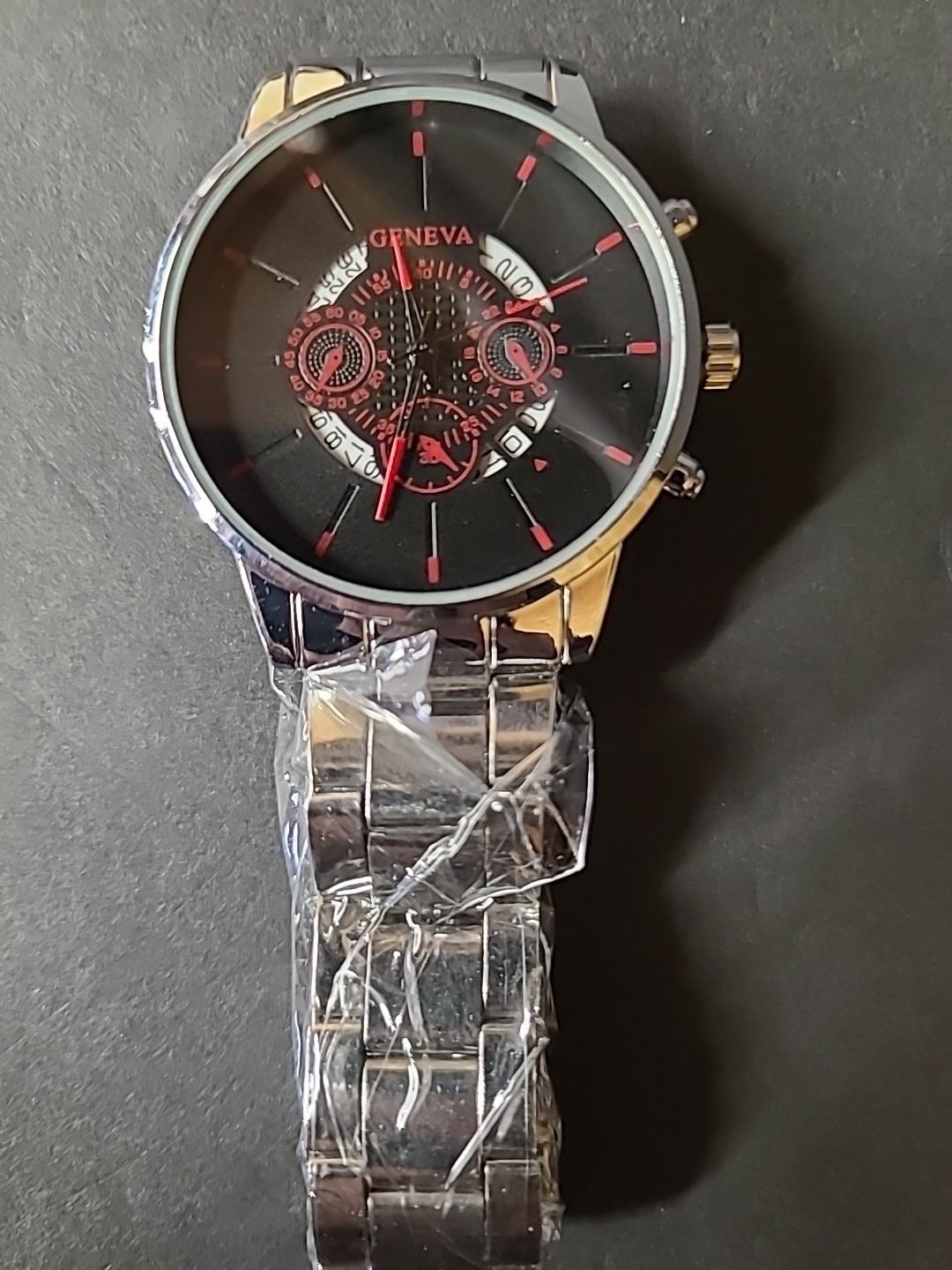 Geneva Men’s Silver Watch With Black And Red Dial 8 3/4 Inch Band