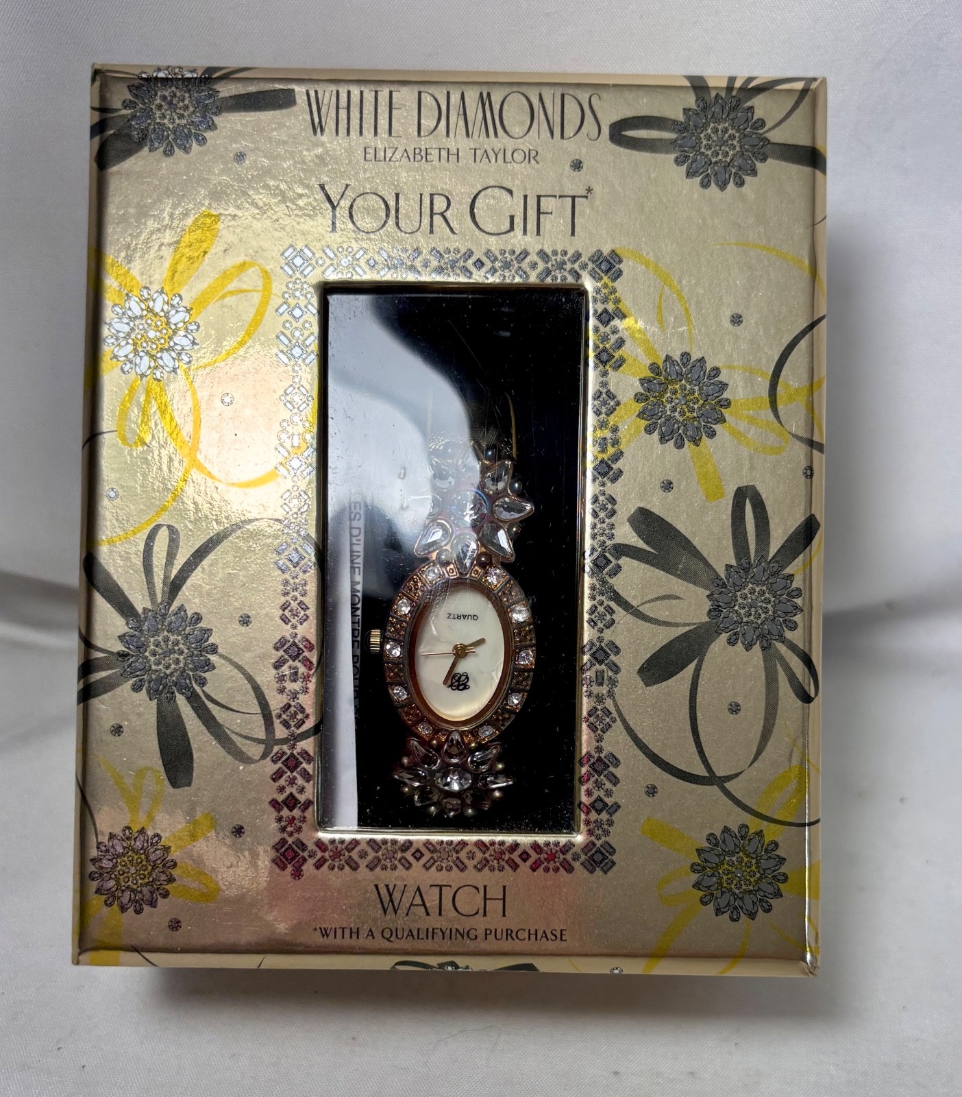 ELIZABETH TAYLOR WHITE DIAMONDS Floral Rhinestone Gold Tone Watch in Box