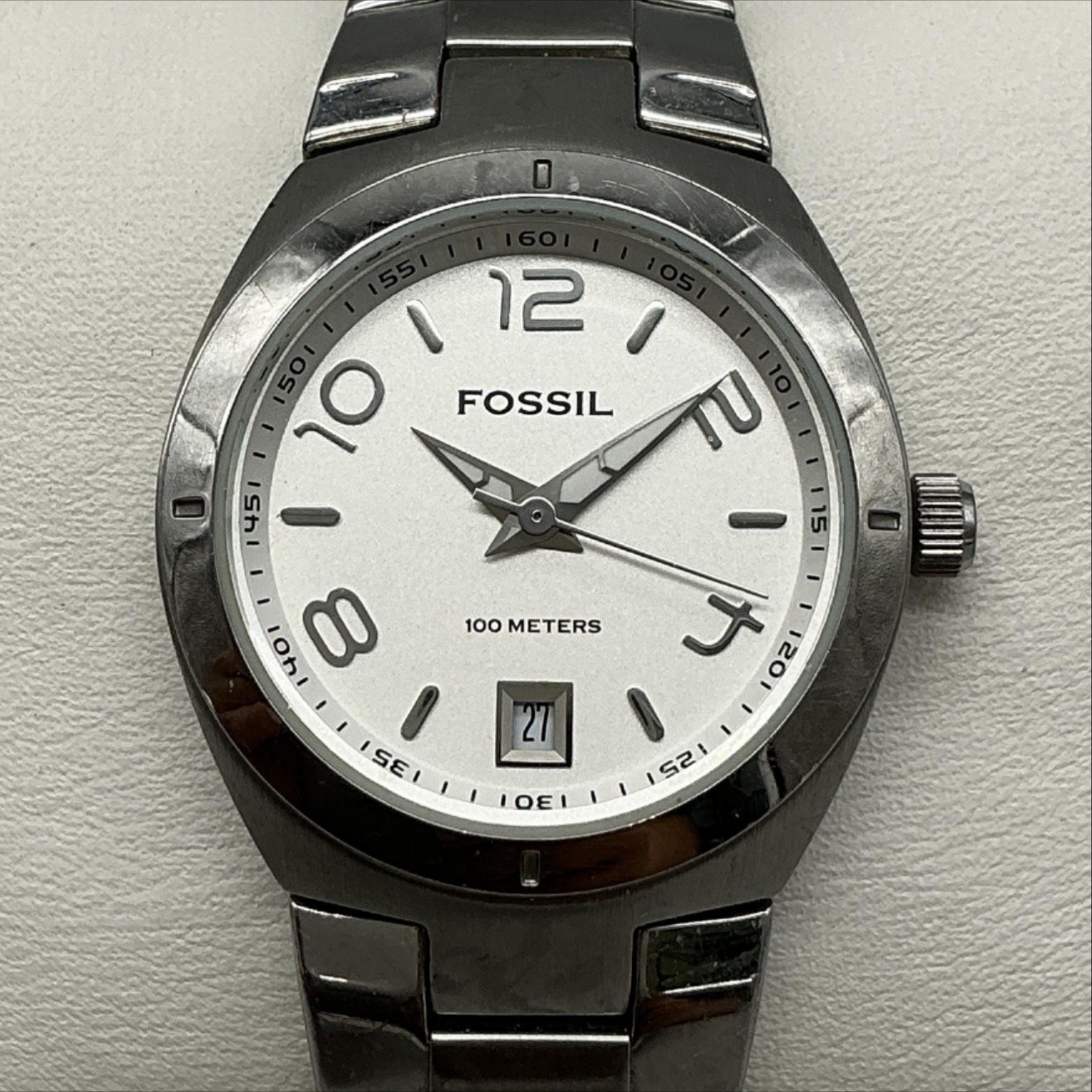 Fossil Womens Watch 28mm Silver Tone Stainless Bracelet Date New Battery 6.5″