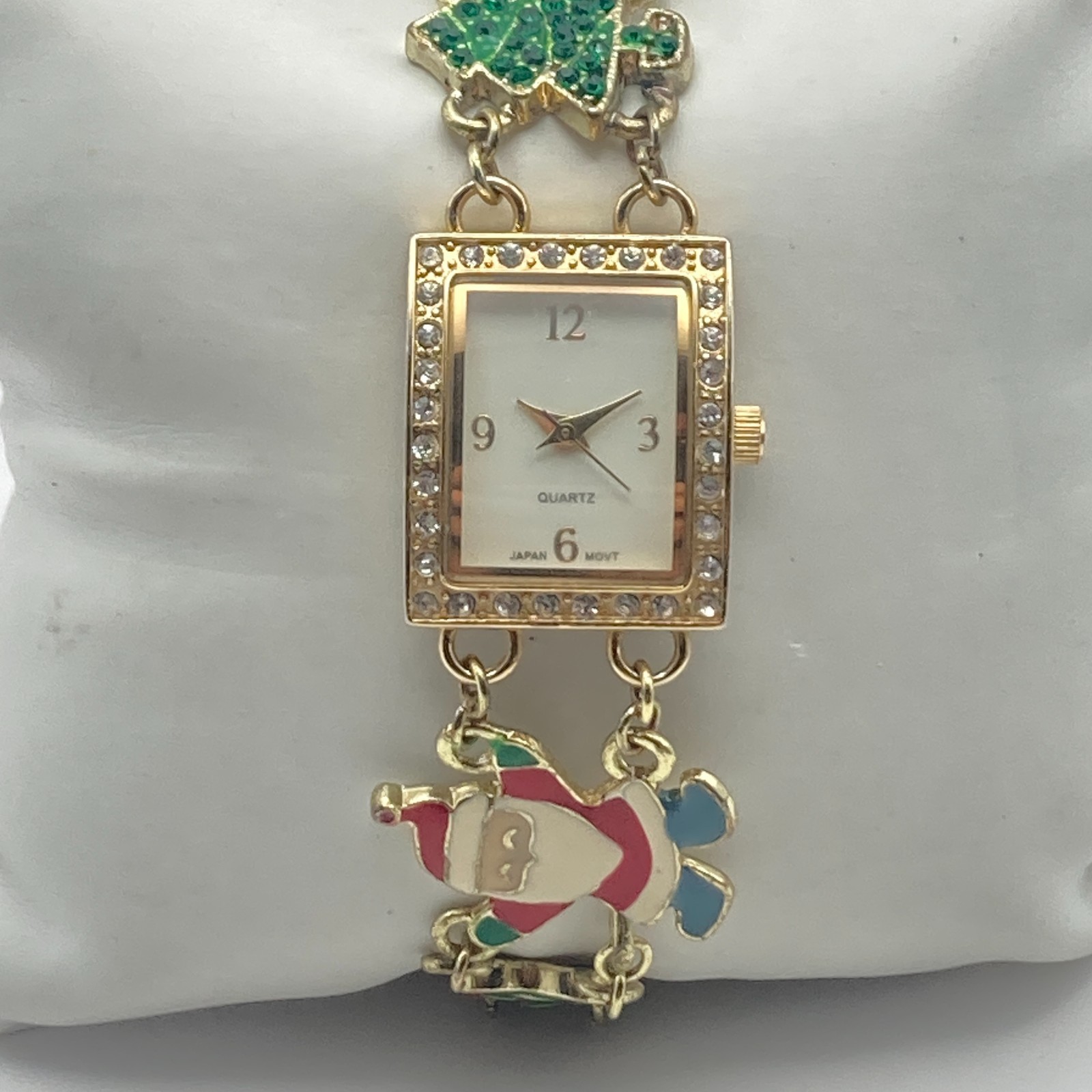 Christmas Womens Watch 19mm Gold Tone Crystals Enamel Charm Bling New Battery