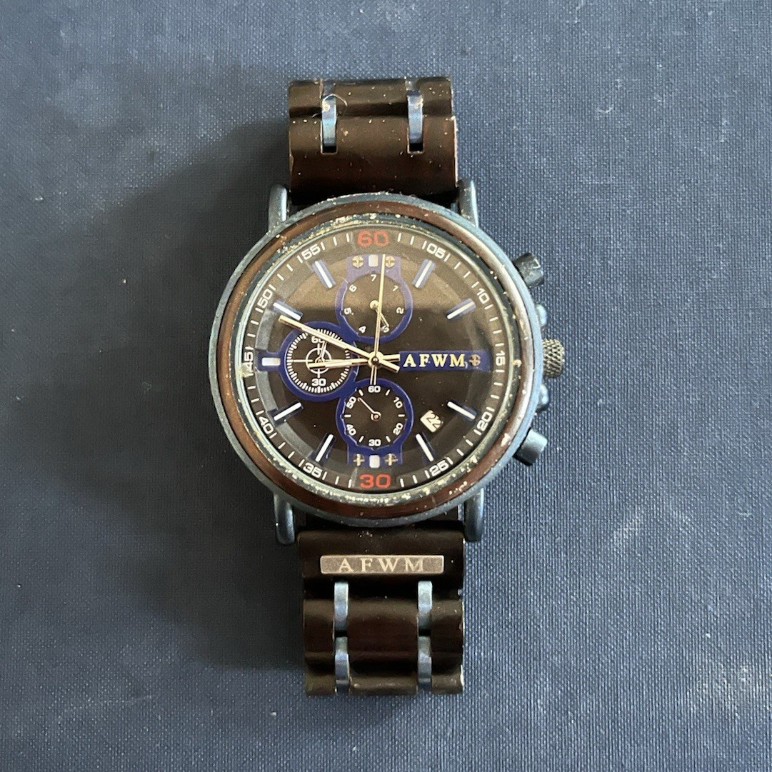 AFWM Chronograph Quartz Analog Watch 44mm Silver Case Brown Wood Bracelet