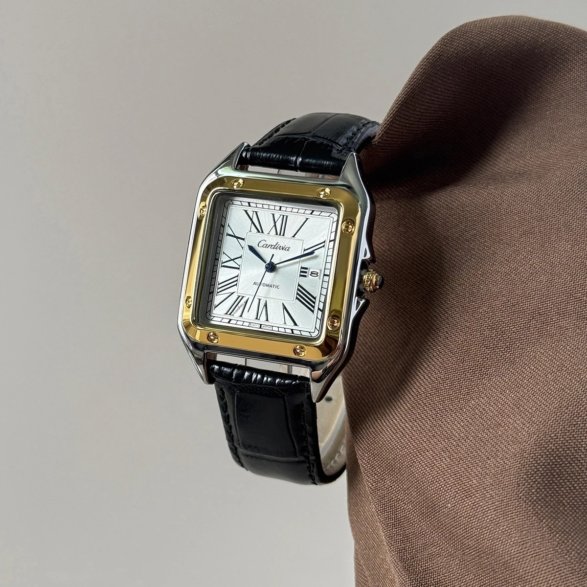 Men’s Square Quartz Watch Roman Numeral Leather Strap Date Waterproof Dress