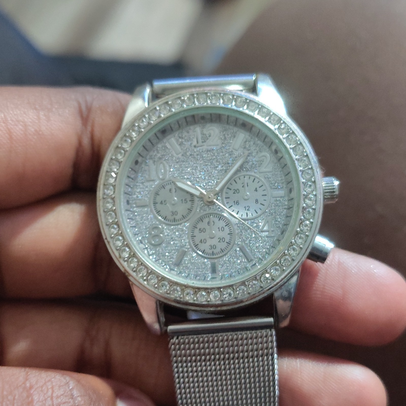 Women’s Silver Tone Analog Quartz Watch, Rhinestone Bezel, Mesh Band, 40mm