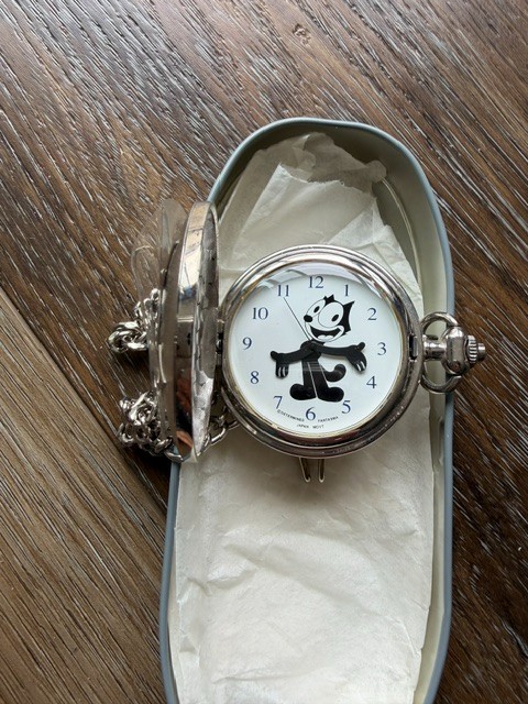 Felix The Cat Pocket Watch By Fantasma, Silver Tone, Collectible Tin With Papers