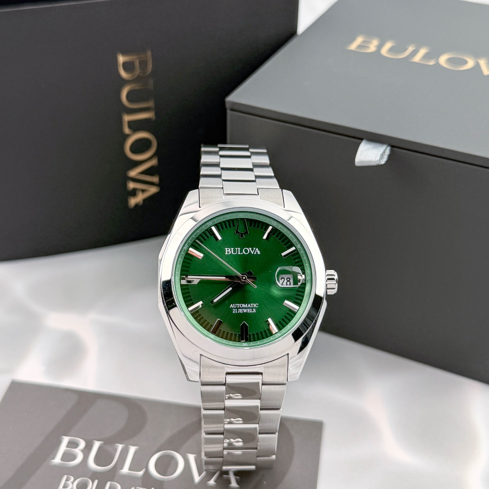 Bulova Men’s Surveyor 96B429 Automatic Green Dial Stainless Steel Watch 39mm