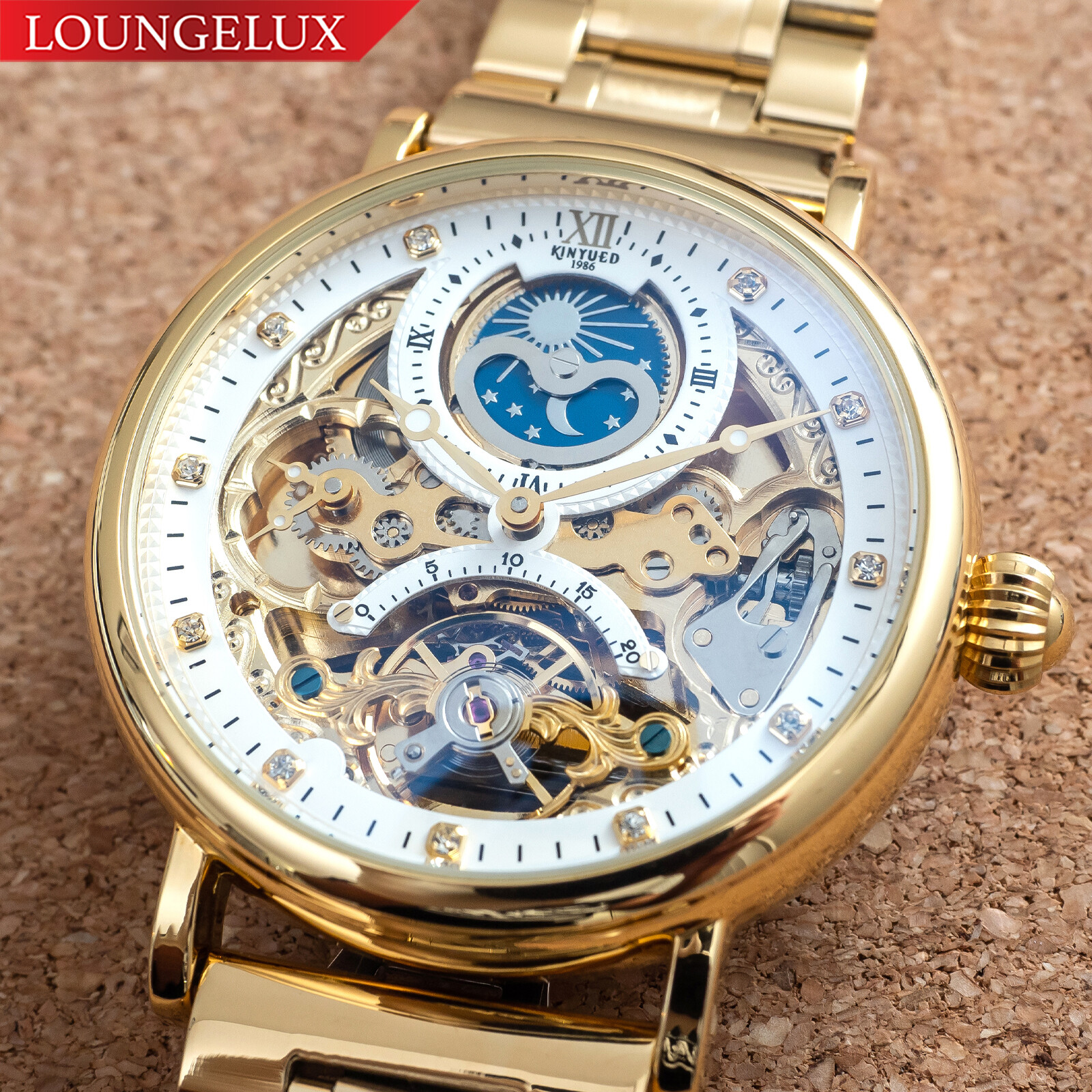 Mens Gold Dual Time Flywheel Automatic Mechanical Watch Stainless Steel Strap
