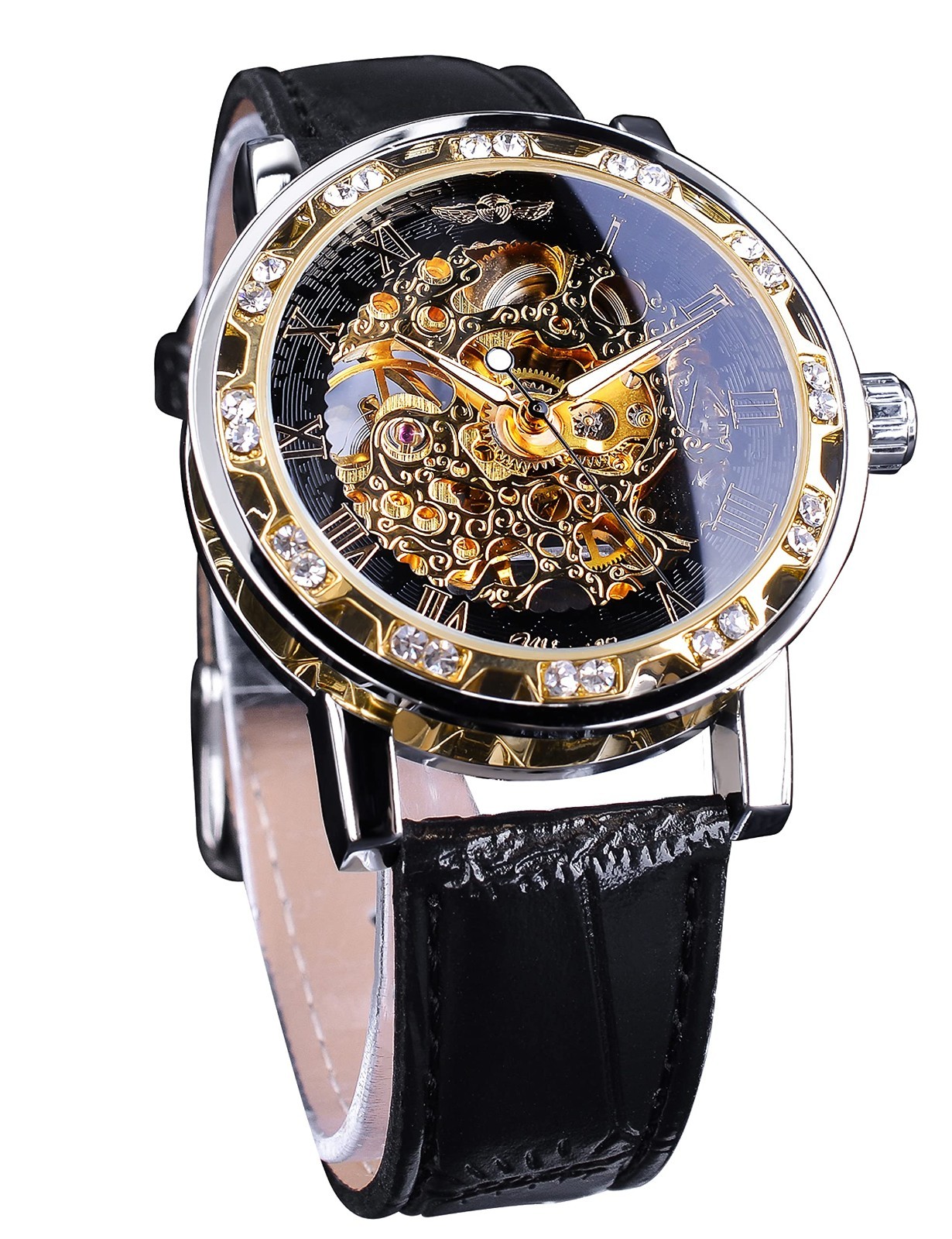 Retro Mechanical Skeleton Watch for Men, Diamond & Carved Flower Design, Classic
