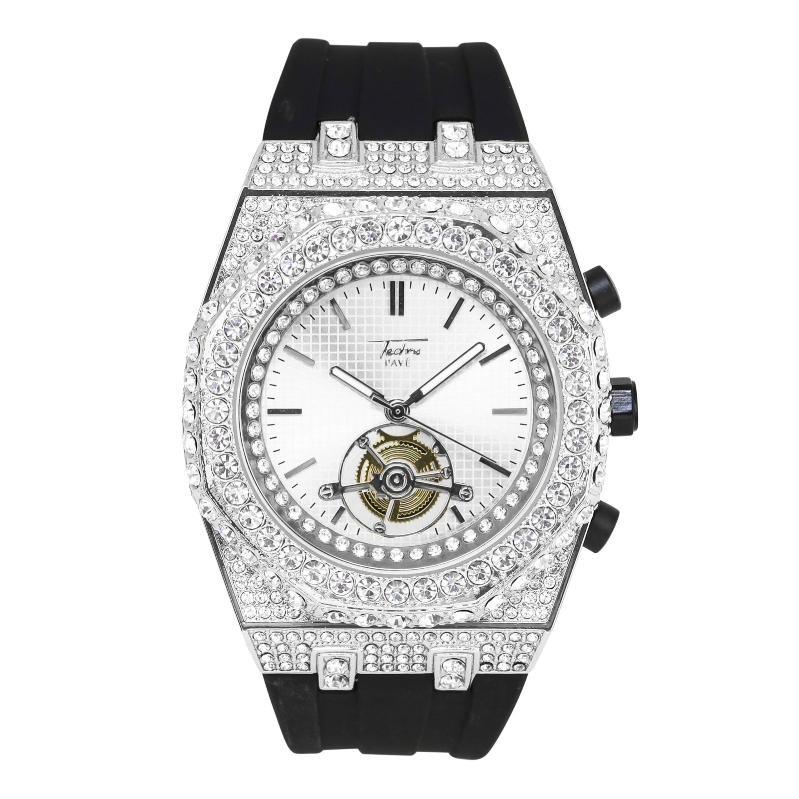 Men’s 43mm Iced Out Octagonal Watch, Silicone Band, Stylish & Durable Timepiece